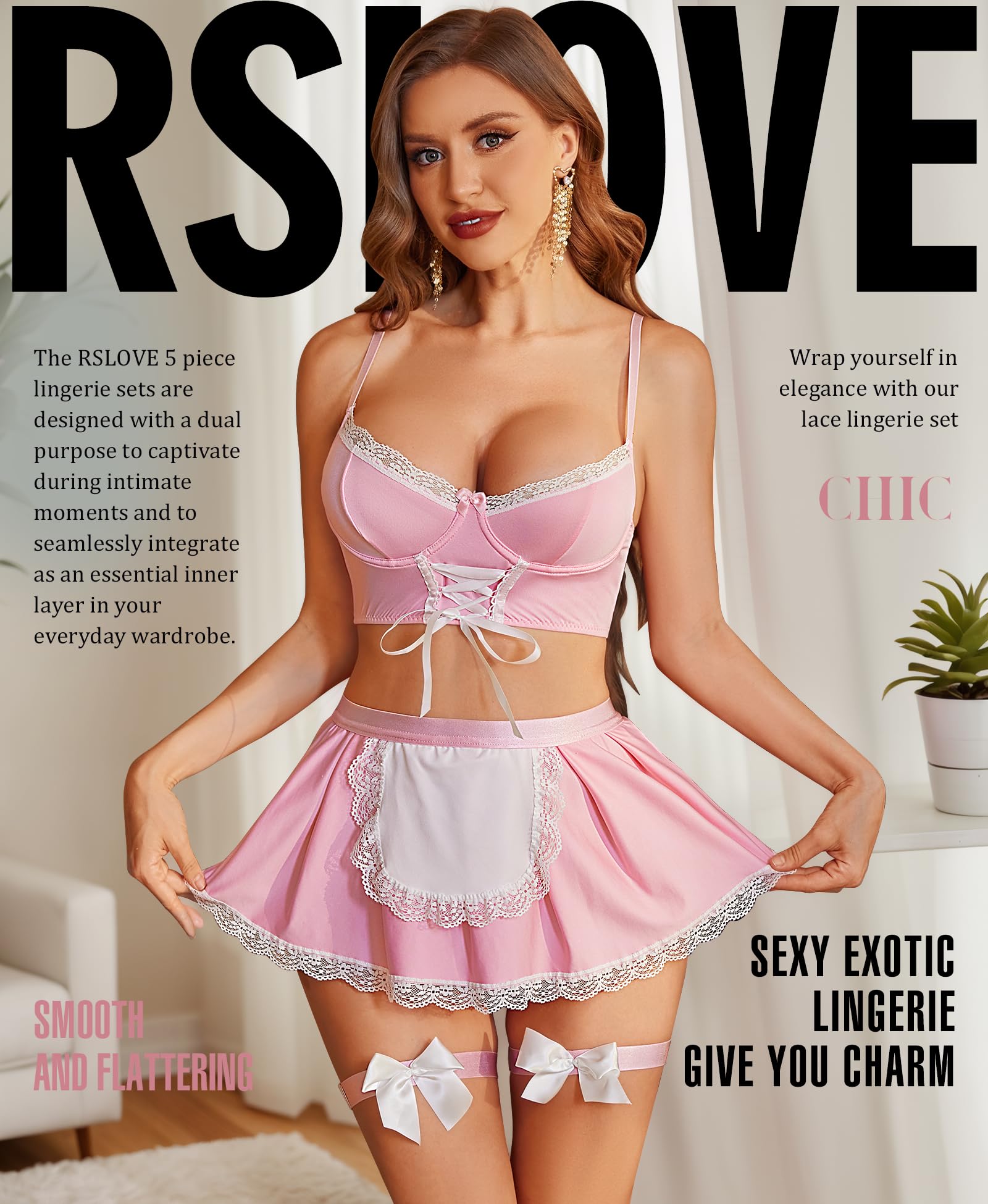 RSLOVE Set di Lingerie Donna - Costumi di Cameriera Sexy Vestito da Notte per Halloween Cosplay
