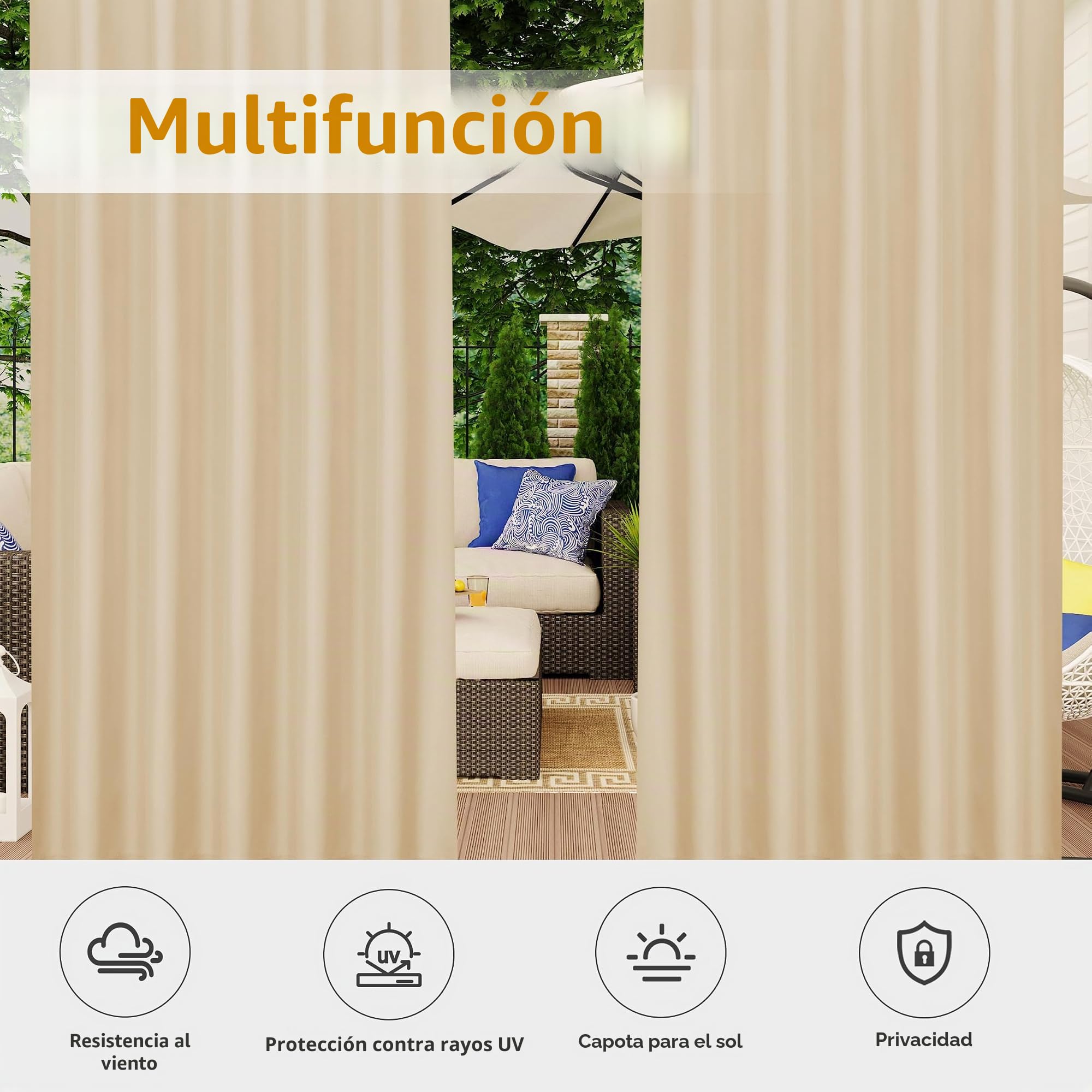 Easy-Going Cortinas de patio al aire libre, con pestaña superior, resistente al viento, a la intemperie, para cabaña, porche, pérgola y cenador, cortina con pestaña inferior, 2 paneles, 54 pulgadas de