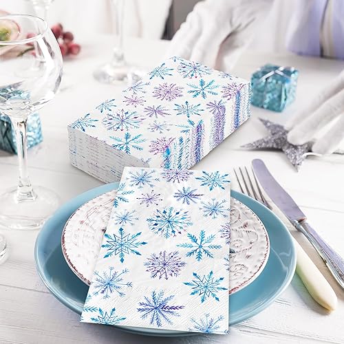 Miniatura 3 de AnyDesign - 80 servilletas de papel para invitados de Navidad, copos de nieve de invierno, servilleta desechable azul y morado para fiestas de