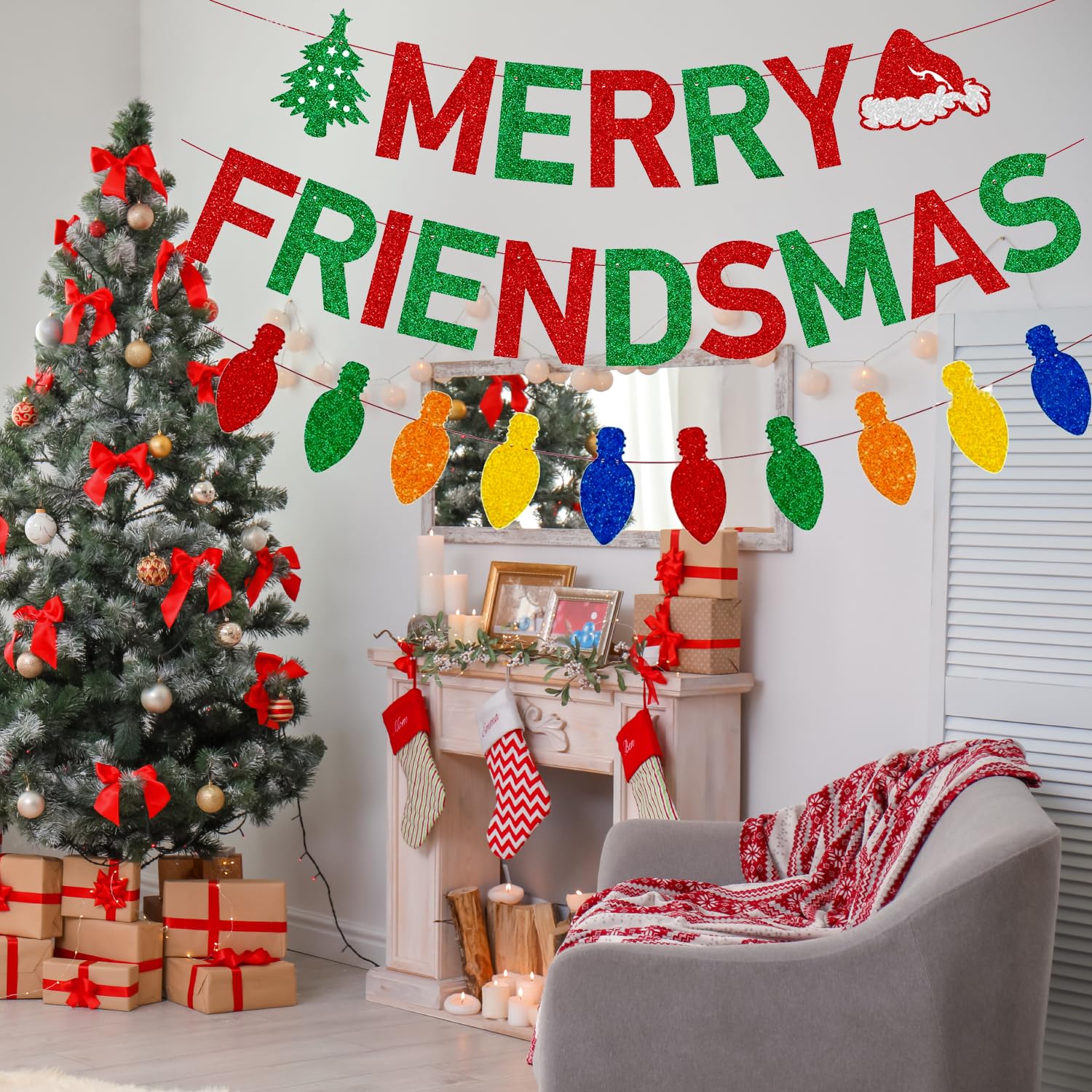 RmKbe Merry Friendsmas Banner Funny Christmas Banner Glitter Paper Banners Xmas Holiday Home Office Decor for Party Supplies - Image 3