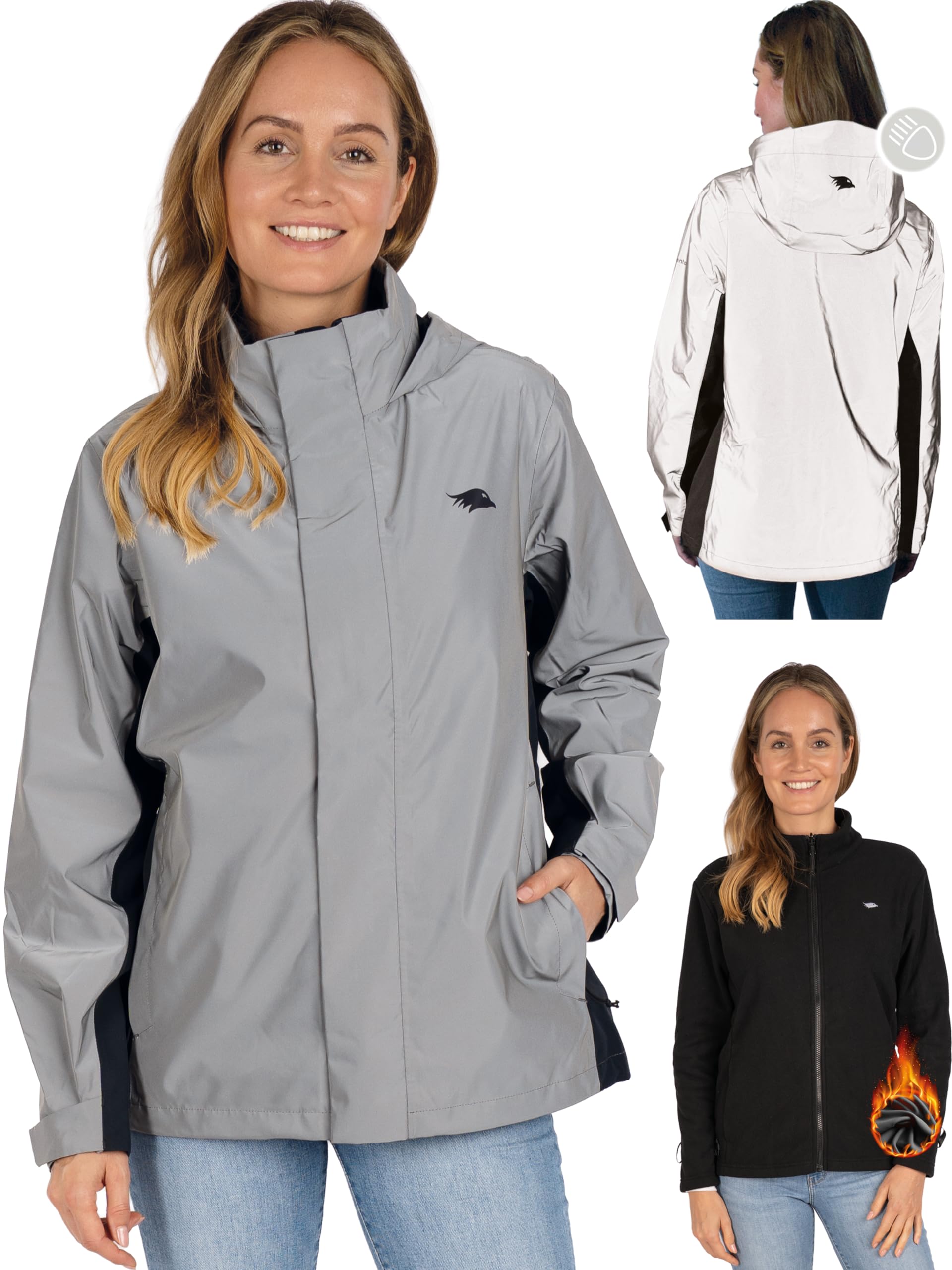 Valkental - Reflektierende & Wasserdichte 3in1 Jacke Damen [Fleece Zipp-In & Verstaubare Kapuze] Geeignet als Winterjacke, Regenjacke & Fahrradjacke - 10.000mm Wassersäule - Doppel Reißverschluss
