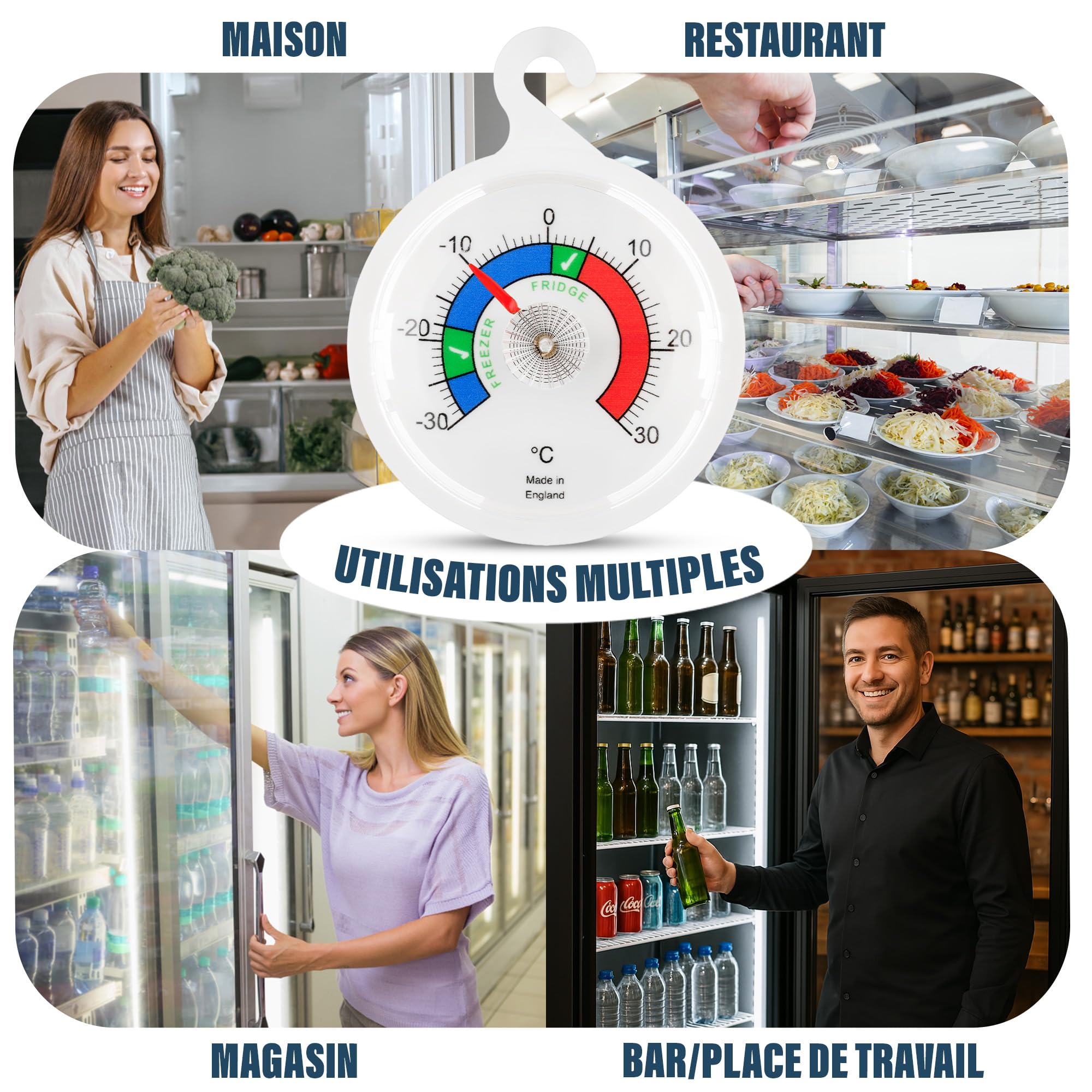 Lot de 2 thermomètres de réfrigérateur à cadran 65 mm zones colorées