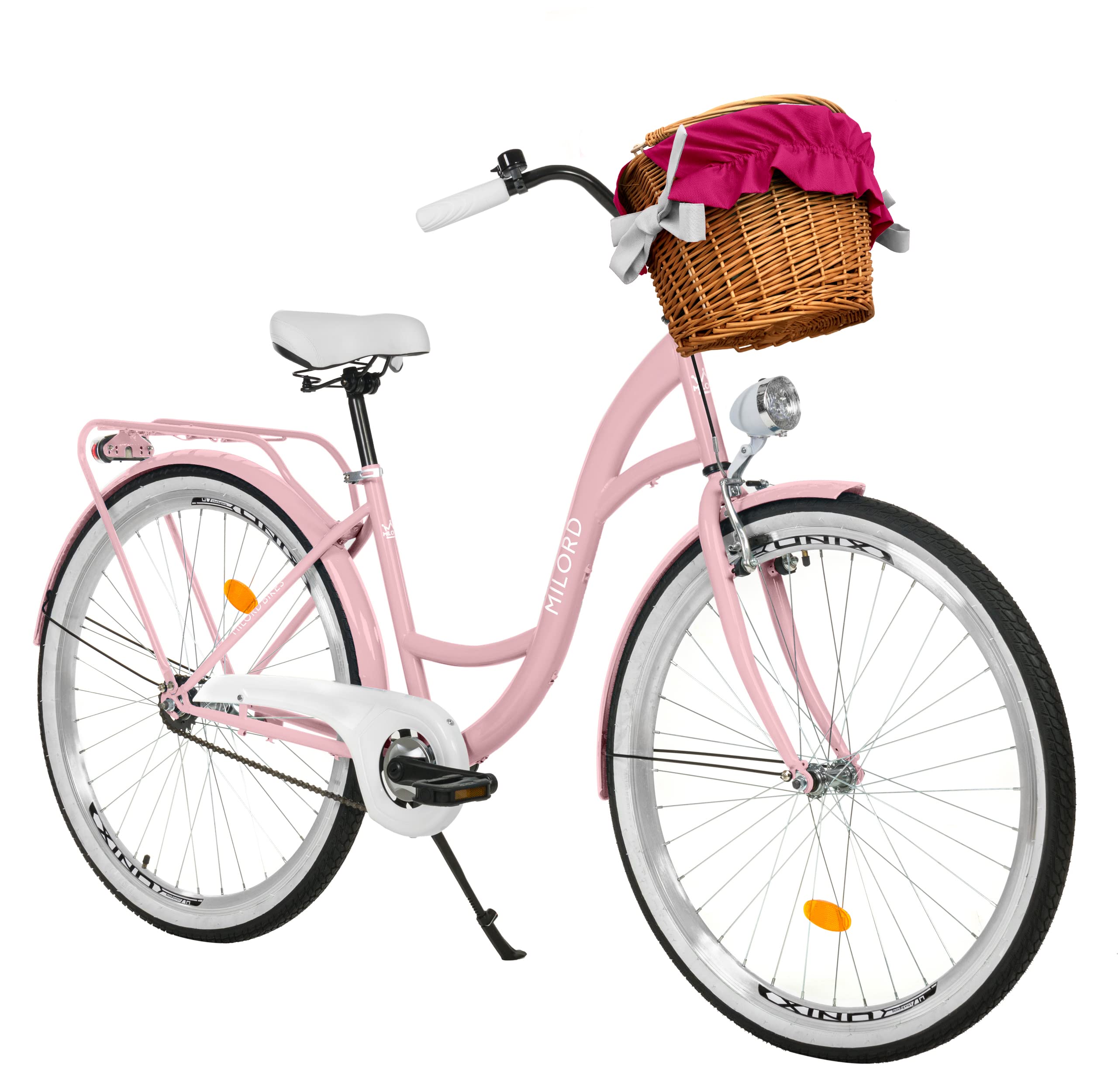 MILORD. 28 Zoll 1-Gang rosa Komfort Fahrrad mit Korb und Rückenträger, Hollandrad, Damenfahrrad, Citybike, Cityrad, Retro, Vintage Sport & Freizeit