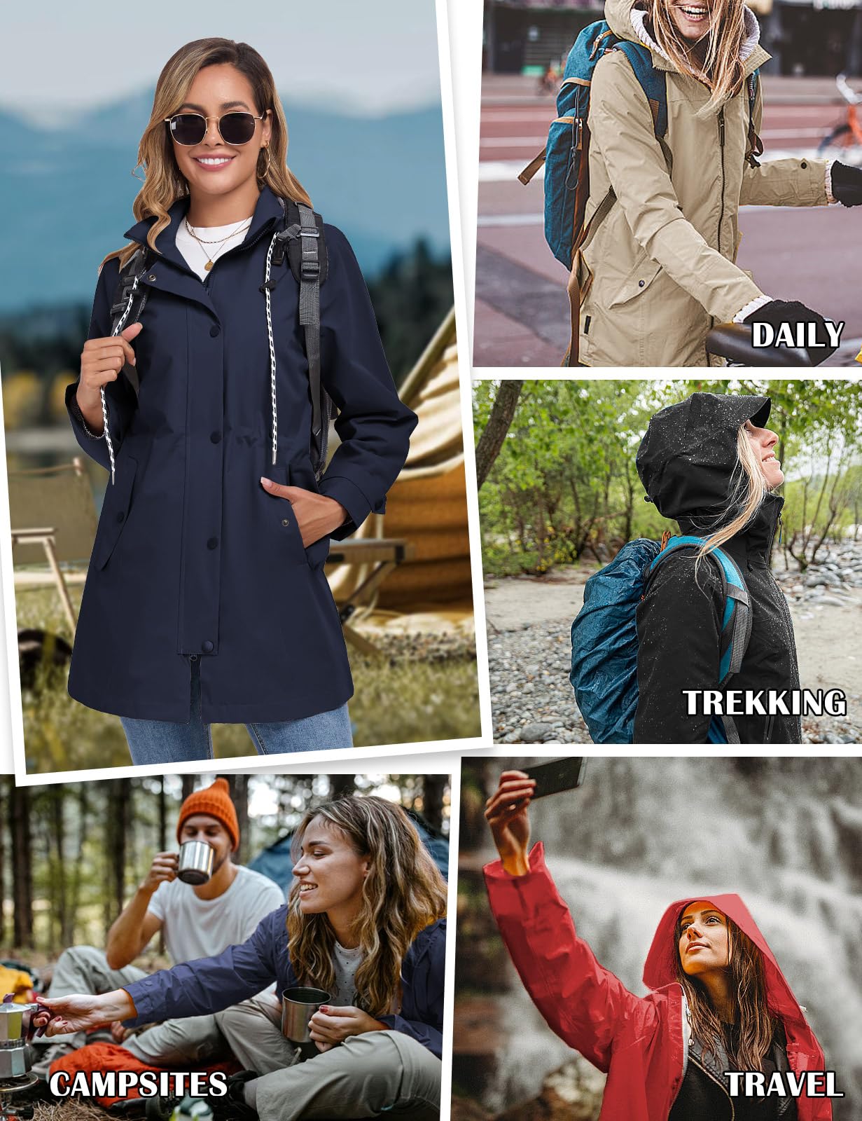 CMTOP Veste Imperméable Femme Longue Coupe Vent Parka Mi Saison Vêtements d'Extérieur Printemps Automne Manteau Cordon de Serrage Trench Légère et Pliable Veste de Pluie avec Capuche