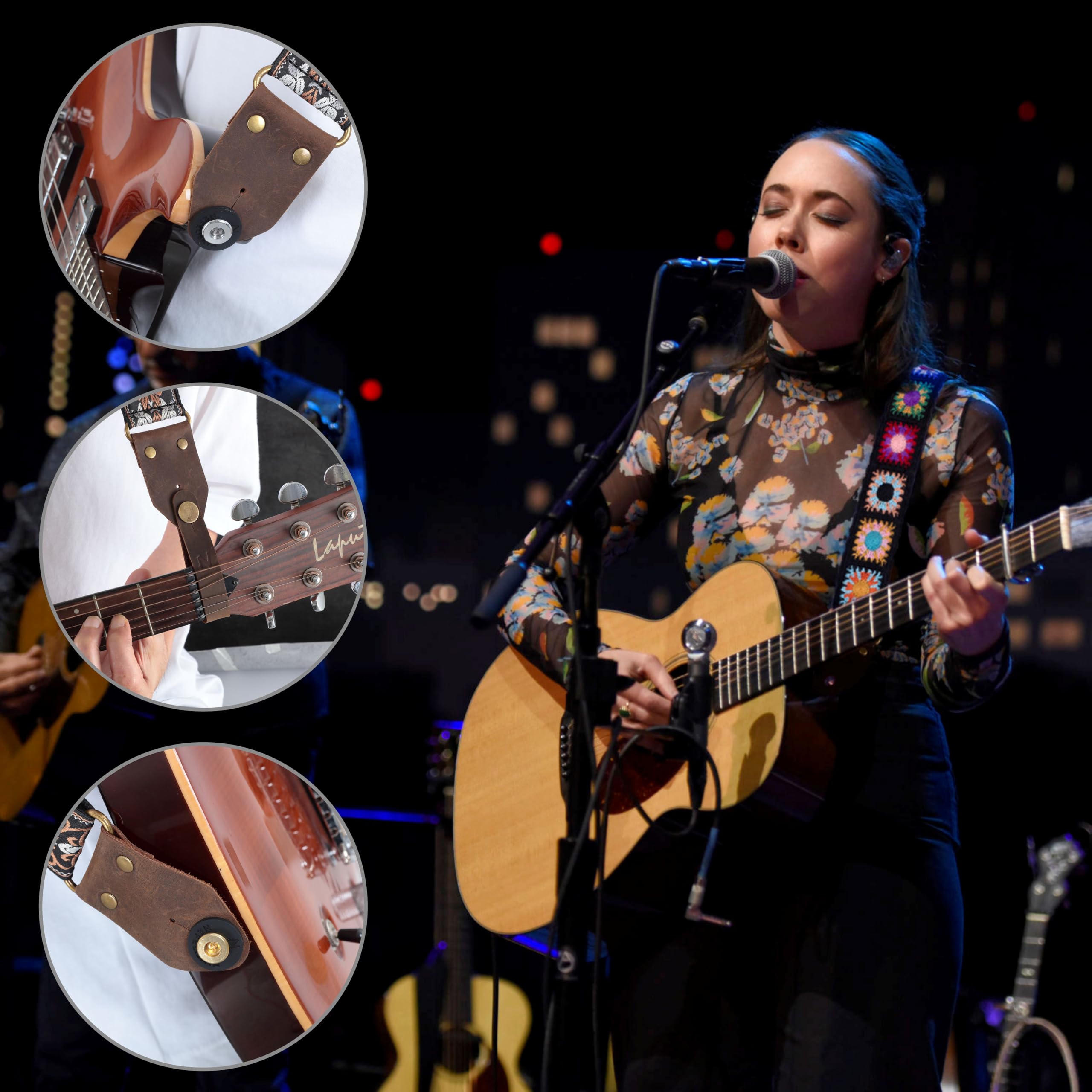 Nefelibata Sangle de guitare, sangles de guitare en coton brodé Jacquard avec extrémités en cuir Crazy Horse pour basse, électrique et acoustique, meilleurs cadeaux pour les enfants, les guitaristes