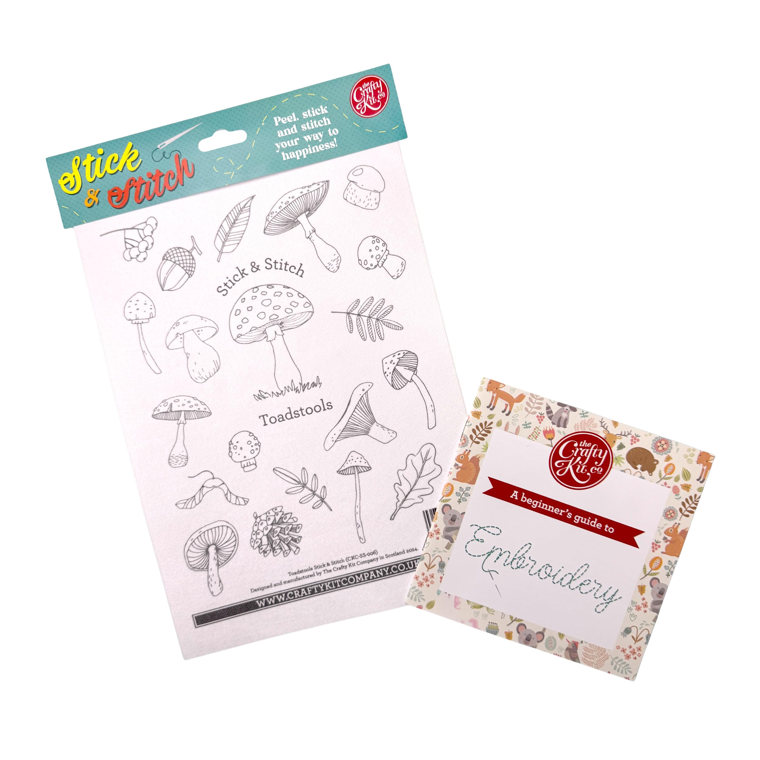 The Crafty Kit Company Stick and Stitch Embroidery Patterns - A4 Water-Soluble Embroidery Transfers | Toadstools Fabric Stickers - Easy Dissolvable Embroidery Stabiliser for Hand Sewing & Crafts