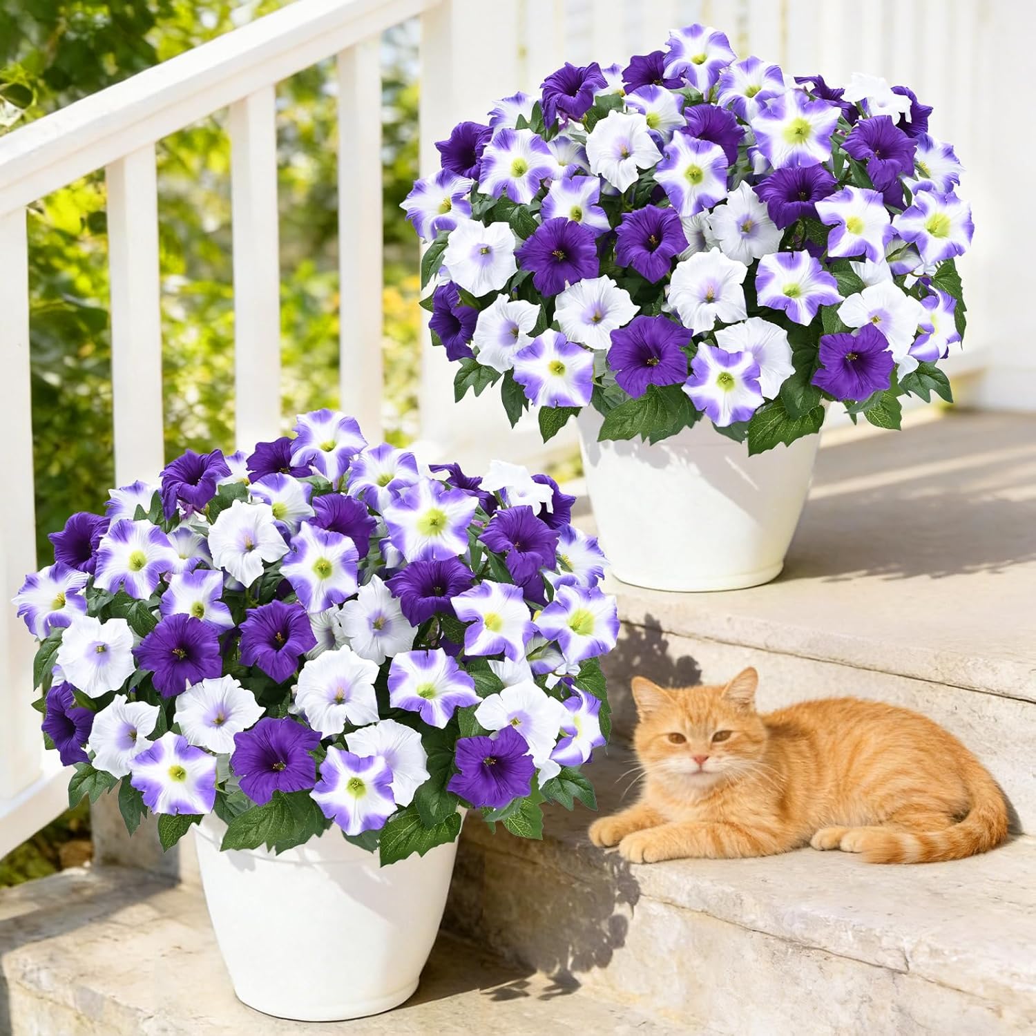 MARTINE MALL Artificial Flowers for Outdoors, 8 Bundles Realistic Fake Outdoor Flowers, UV Resistant Silk Petunia Flower for Outside Look Real Faux Flower Plants for Outdoor Porch Decor, Purple White