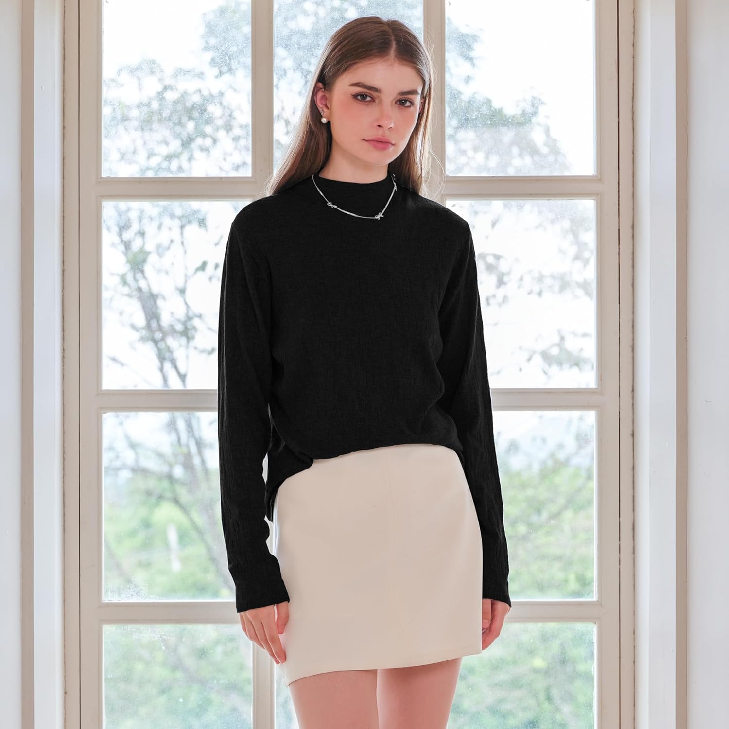 Women's Lightweight Pullover Sweater Mock Turtleneck Solid Color Irregular Texture Long Sleeve Ribbed Knit Tops - Image 2