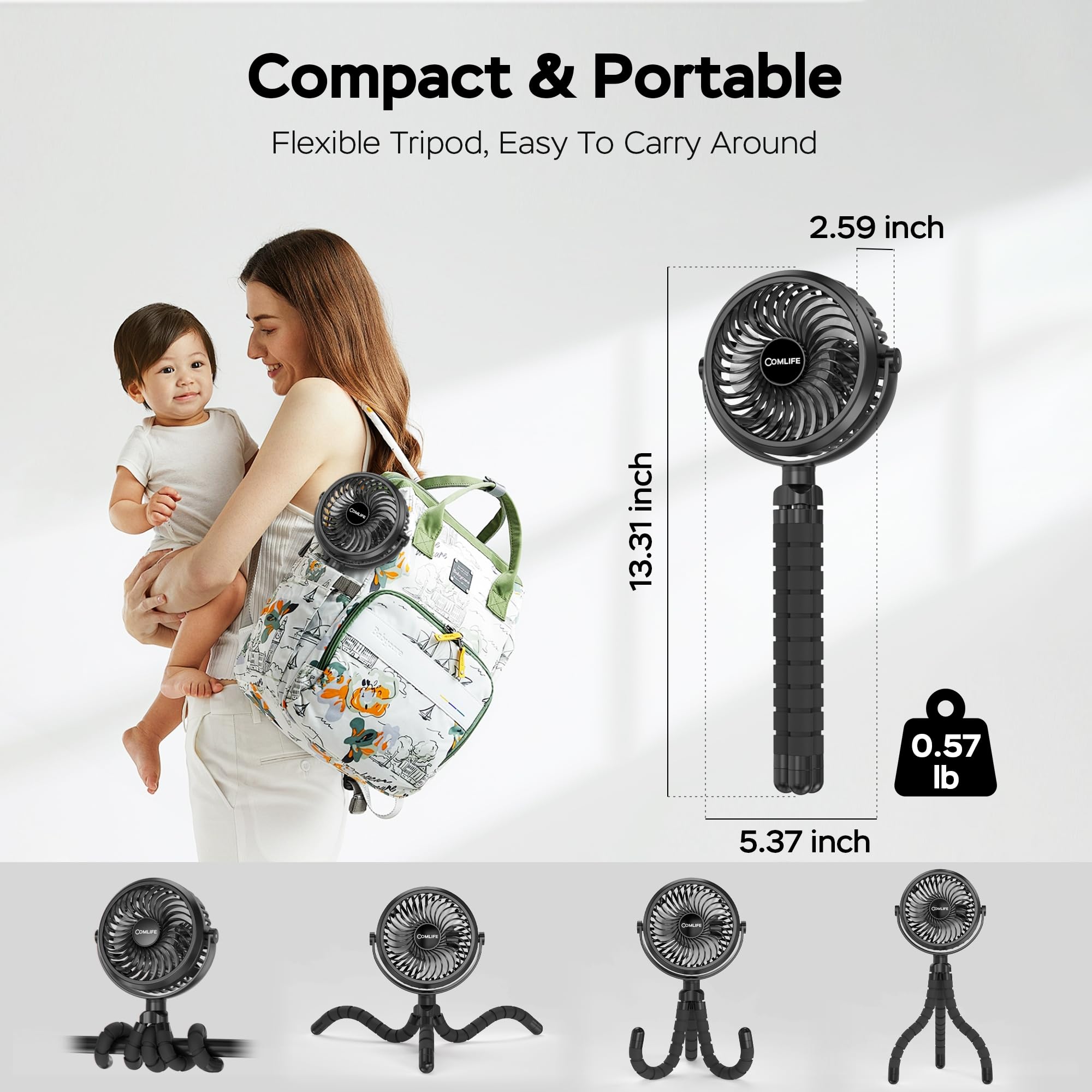 Ventilateur polyvalent ultra silencieux à clipser avec trépied flexible, flux d'air puissant, rotatif à 360 °, portable USB pour poussette et siège de voiture