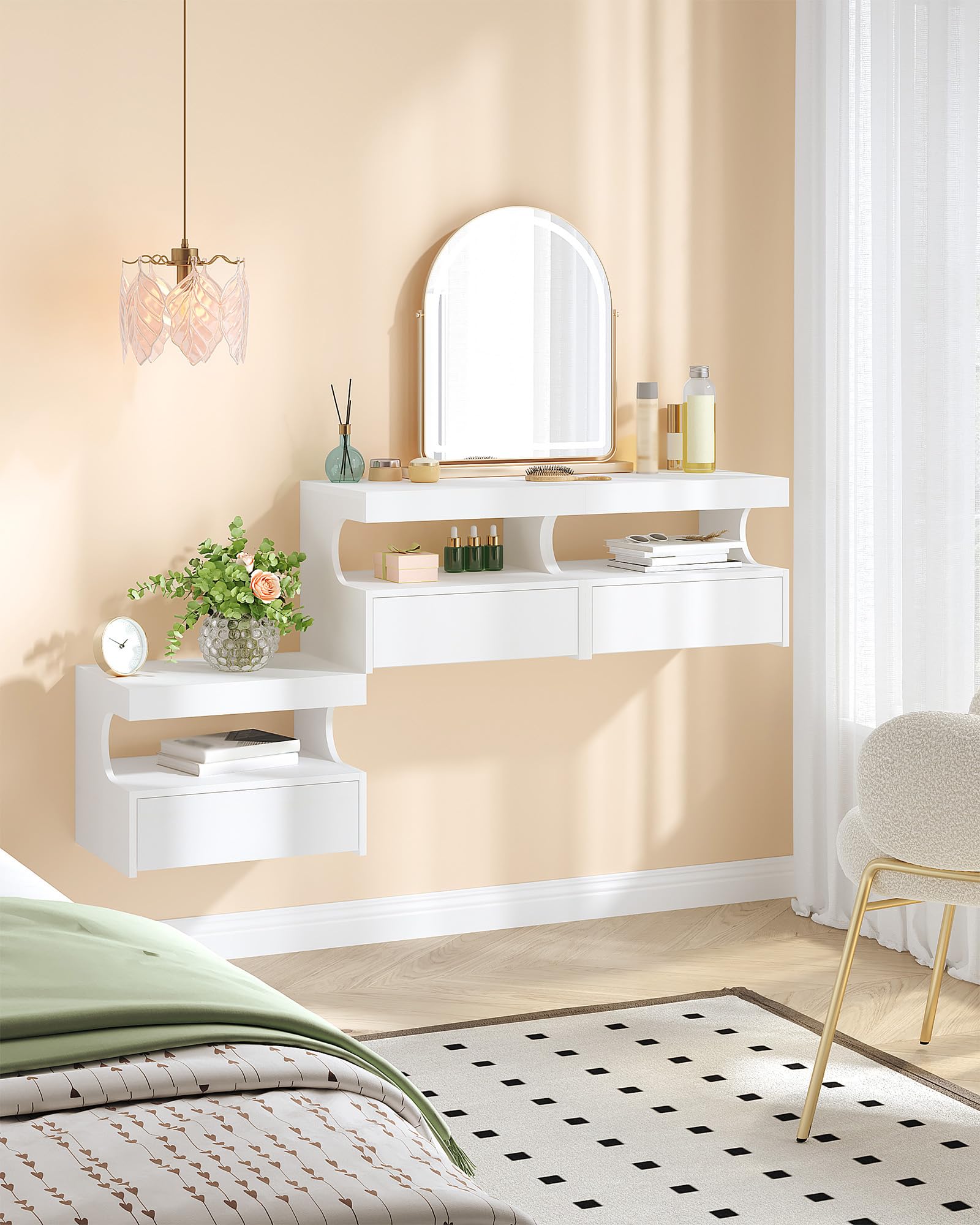 Hzuaneri Comodino Sospeso Set di 2, 1 Cassetto con Guide, Spazio Aperto a Forma di U, Moderno, per Camera da Letto Soggiorno, 30 x 40 x 29,2 cm, Bianco NS50203X
