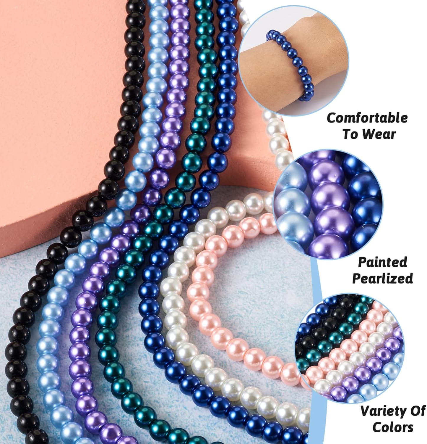 Cheriswelry 7 Strands 8mm 9mm Glass Pearl Round Beads Colorful Painted Pearlized Loose Spacer Beads 7 Colors for Necklace Bracelet Earring Accessories Jewelry Making