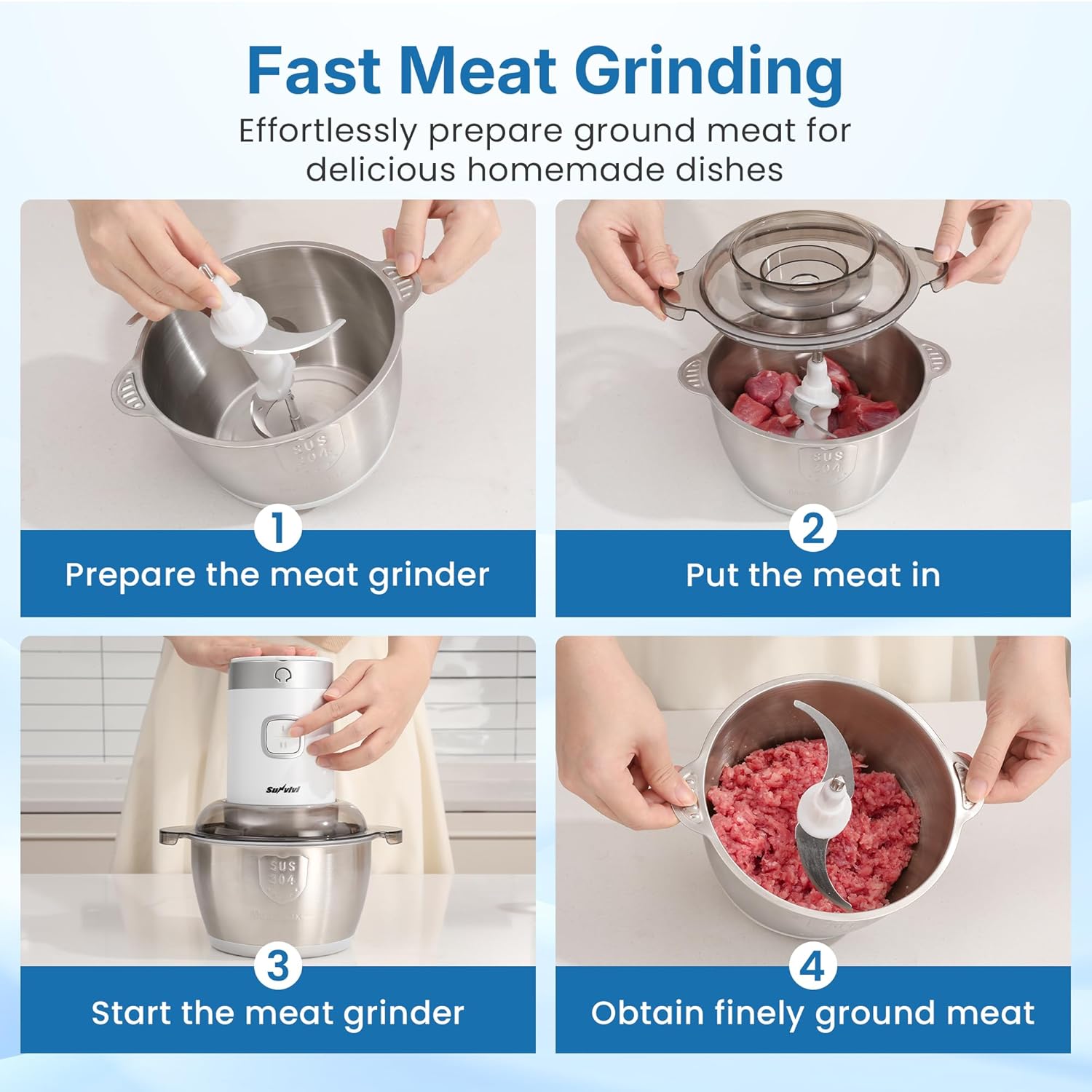 Electric Blender and Food Processor Combo: 4 in 1 Food Grinder for Grinding Meat Coffee, Peeling Garlic & Juicing, 350W Food Chooper with 1.8L Stainless Steel Bowl & 2 Cups, 2 Speed, White