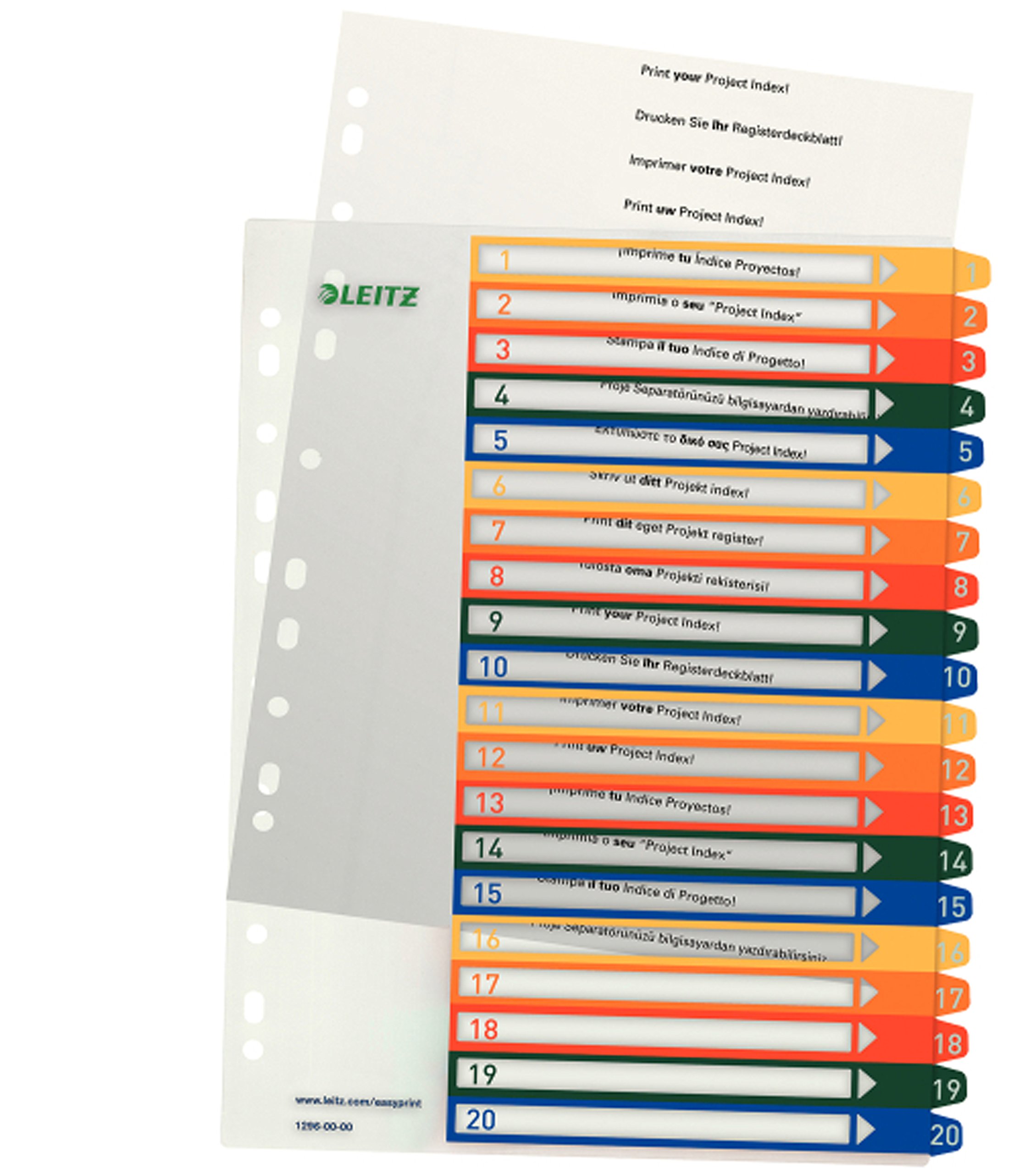 Leitz PC-beschriftbares Register, A4, PP, extrabreit, mehrfarbig (Zahlen 1-20 / 5er Pack)