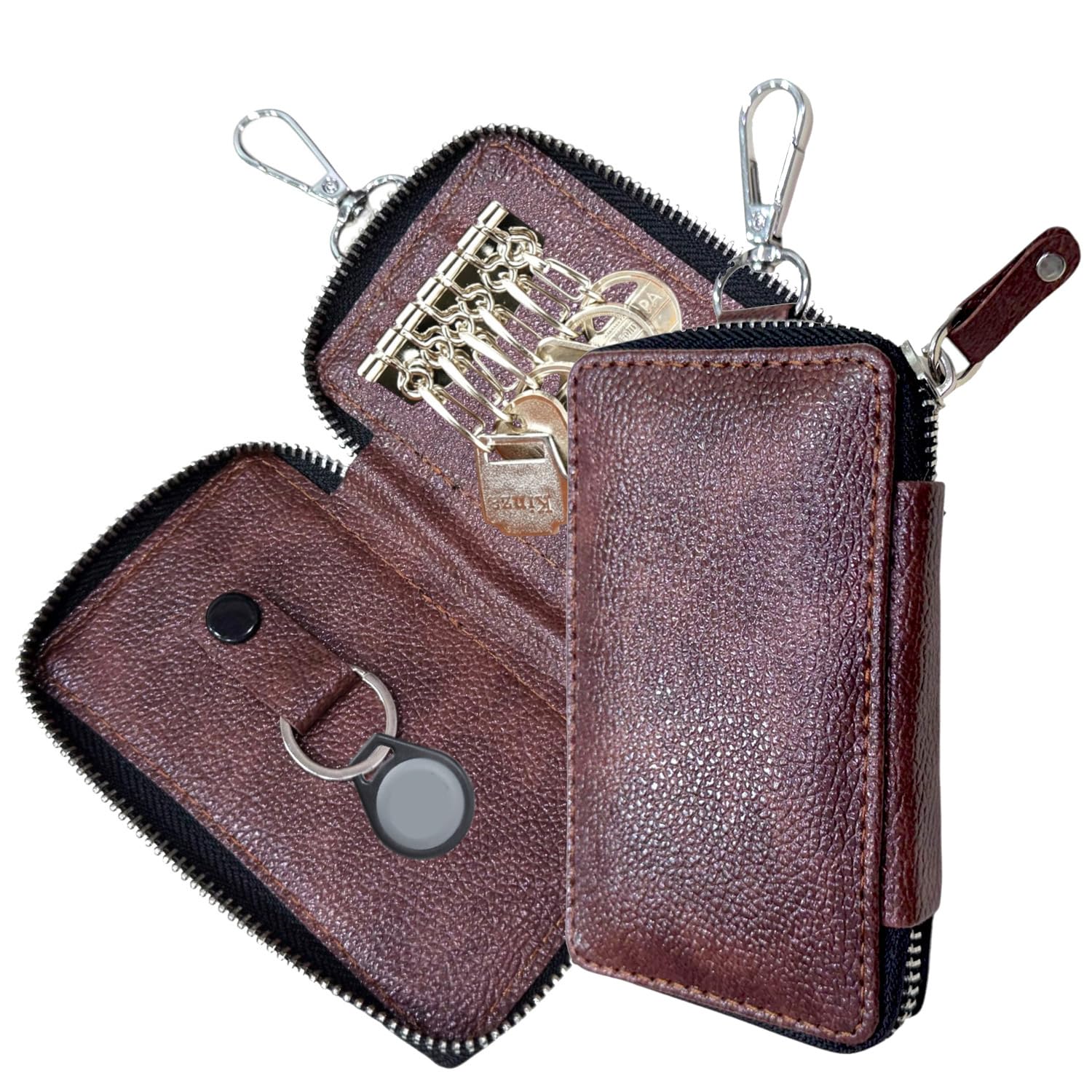 PU Leather Large Key Case Pouch Wallet Key Chain Key Holder Ring with 6 Key Hooks,1 IC Key Ring, Metal Buckle with Zipper Closure (7.5X2X12 CM)-image-1