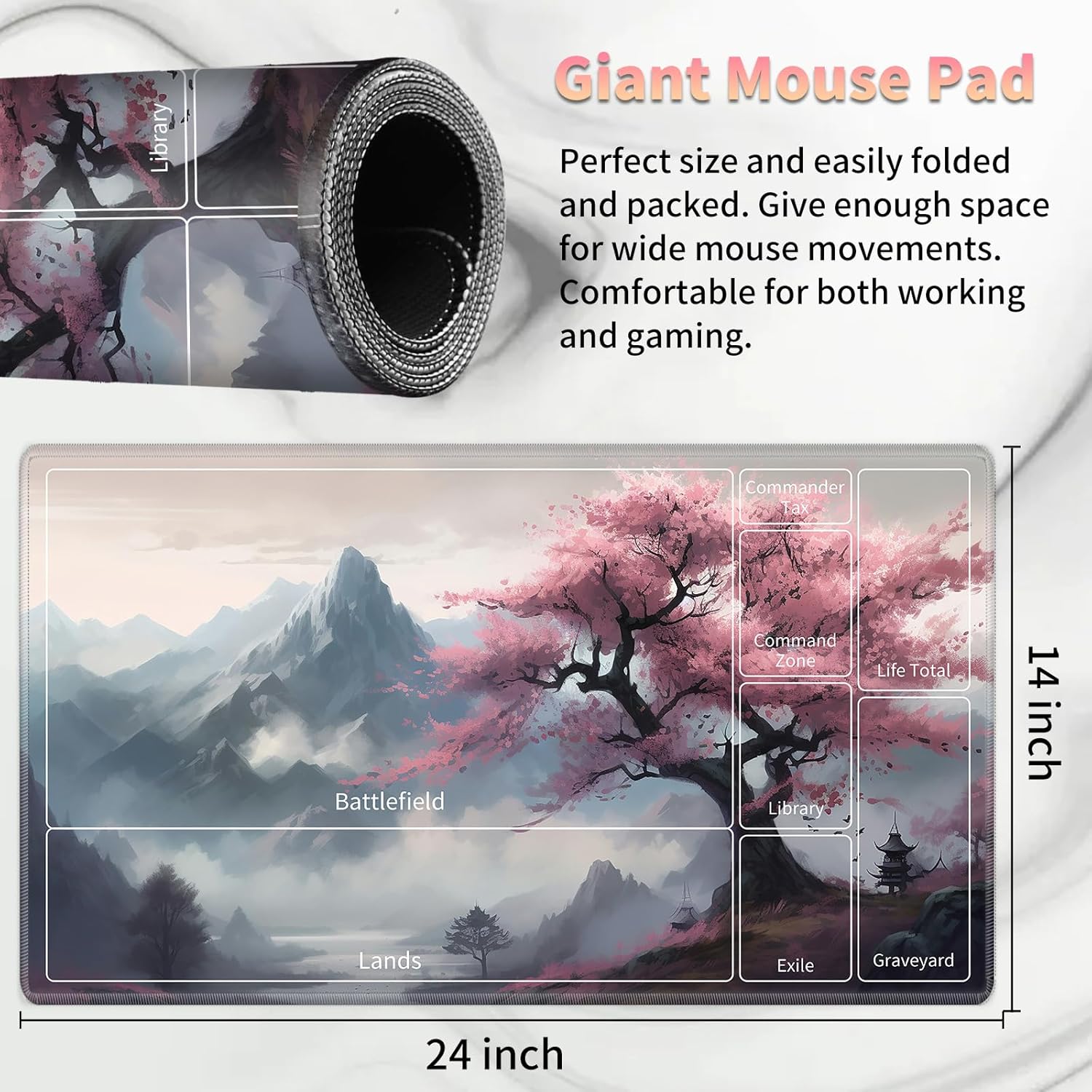 Playmat for MTG, Card Game Mat Non-Slip Rubber Base and Stitched, 24 x 14 inch TCG Play Mat for MTG and Other Card Games (A - Zones), Mountain View Peach Tree