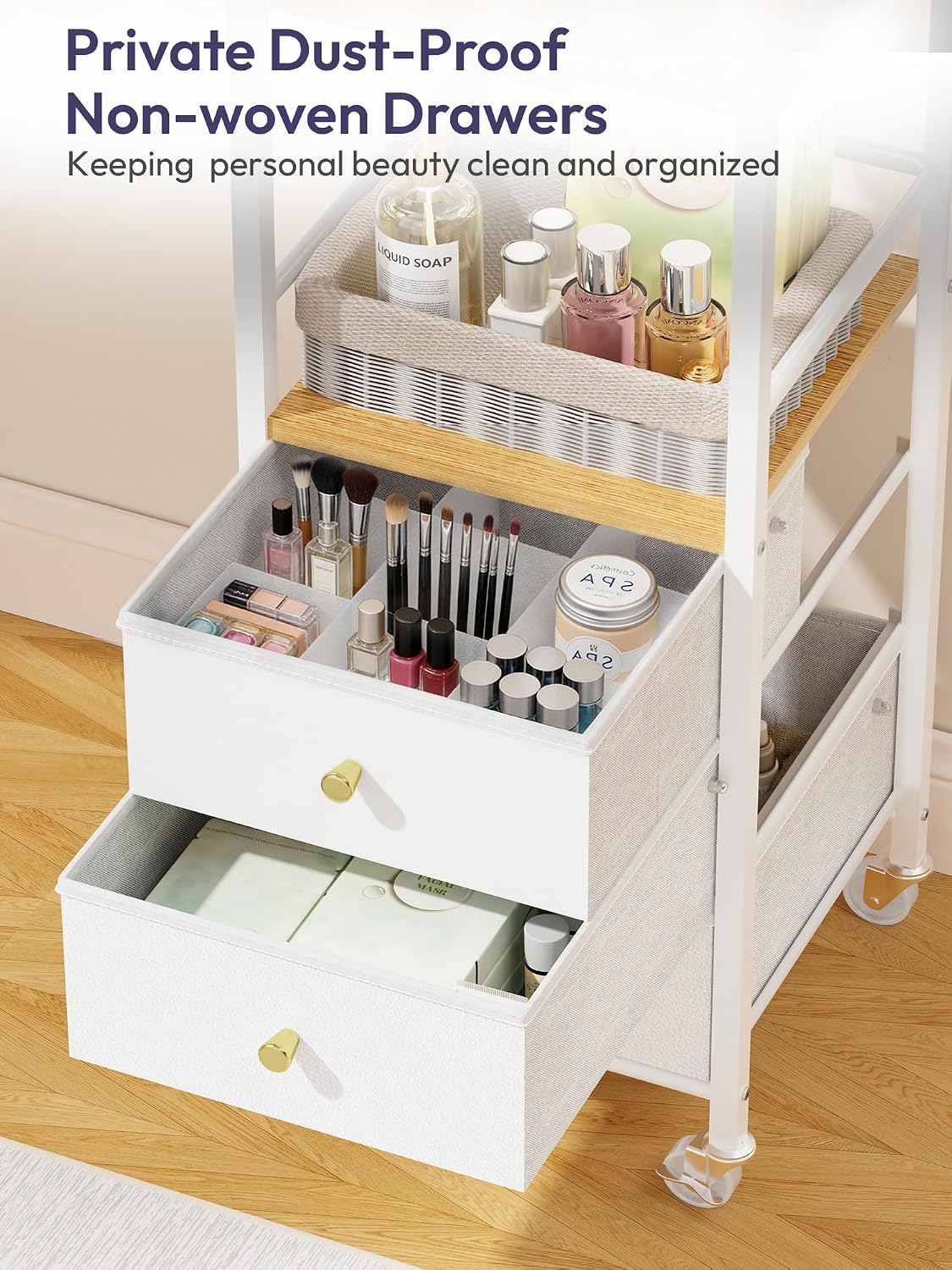 SWTYMIKI Makeup Organizer Cart with Mirror - Makeup Storage Vanity Dresser with Non-Woven Drawers, 360° Rotating HD Mirror, Rolling Organizer Cart for Skin Care Perfume Nail Polish Hair Tool White