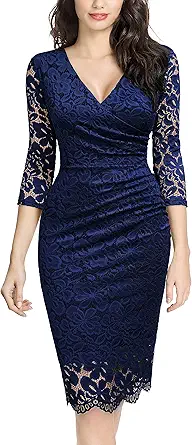 Miusol Women's Retro Deep-V Neck Ruffles Floral Lace Evening Pencil Dress