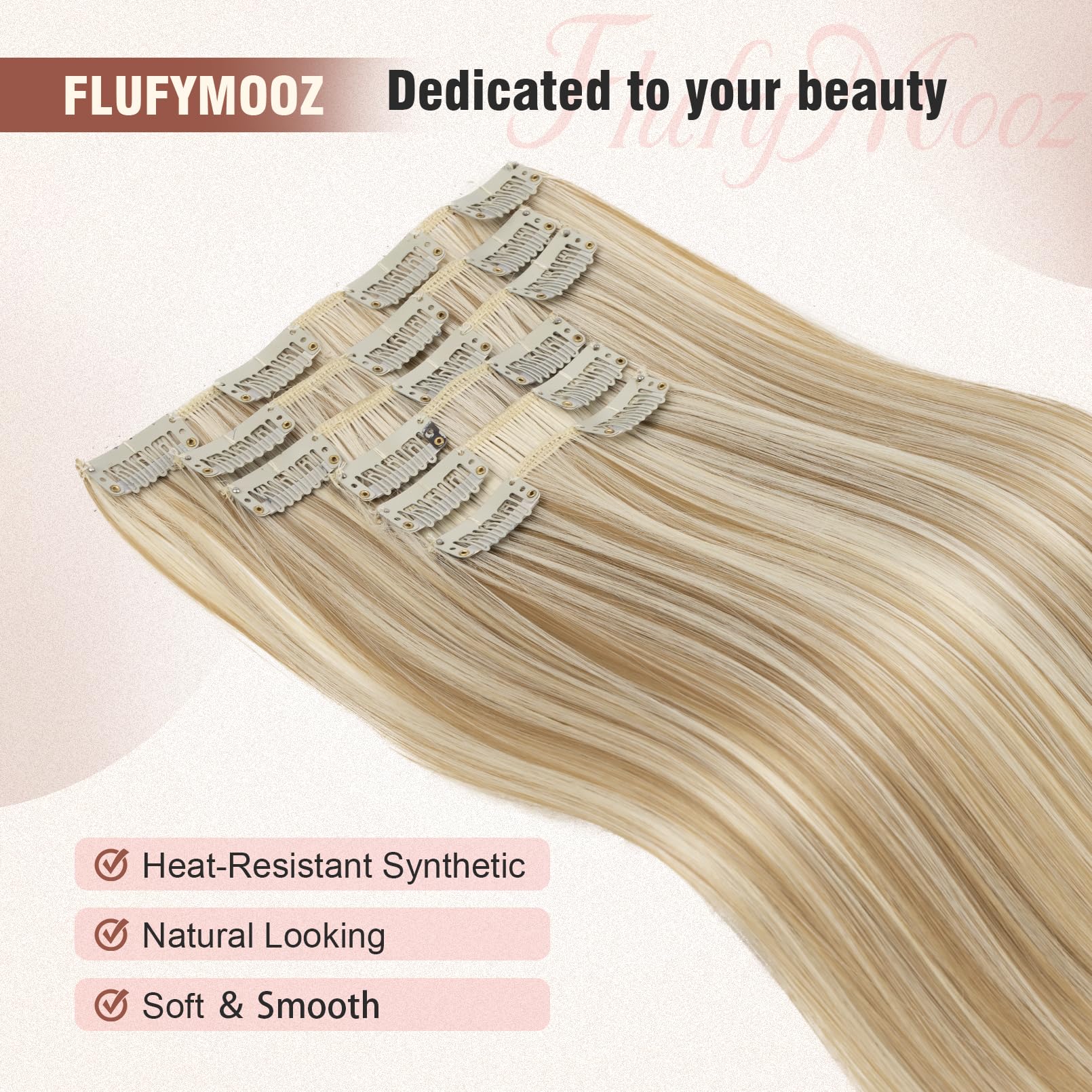 Flufymooz 6PC Clip in Hair Extensions 24" Straight Long Extensions for Women Synthetic Hairpiece (Dark Blonde with Highlights) - Image 3