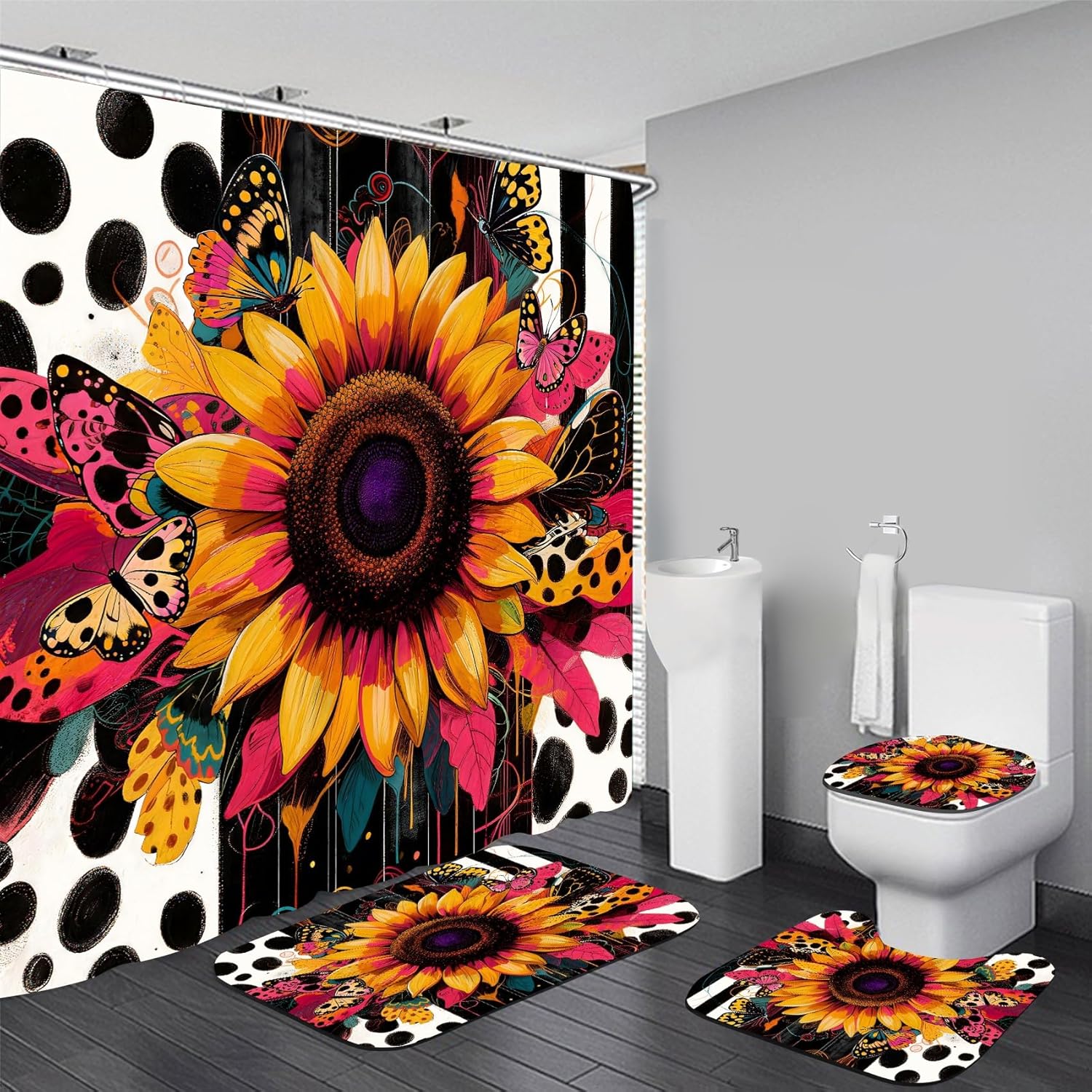 AZHM 4pcs Shower Curtain Sets with Rugs Sunflower Bathroom Set Decor Inspirational Quotes Bathroom Curtains Shower Set with Rugs and Accessories