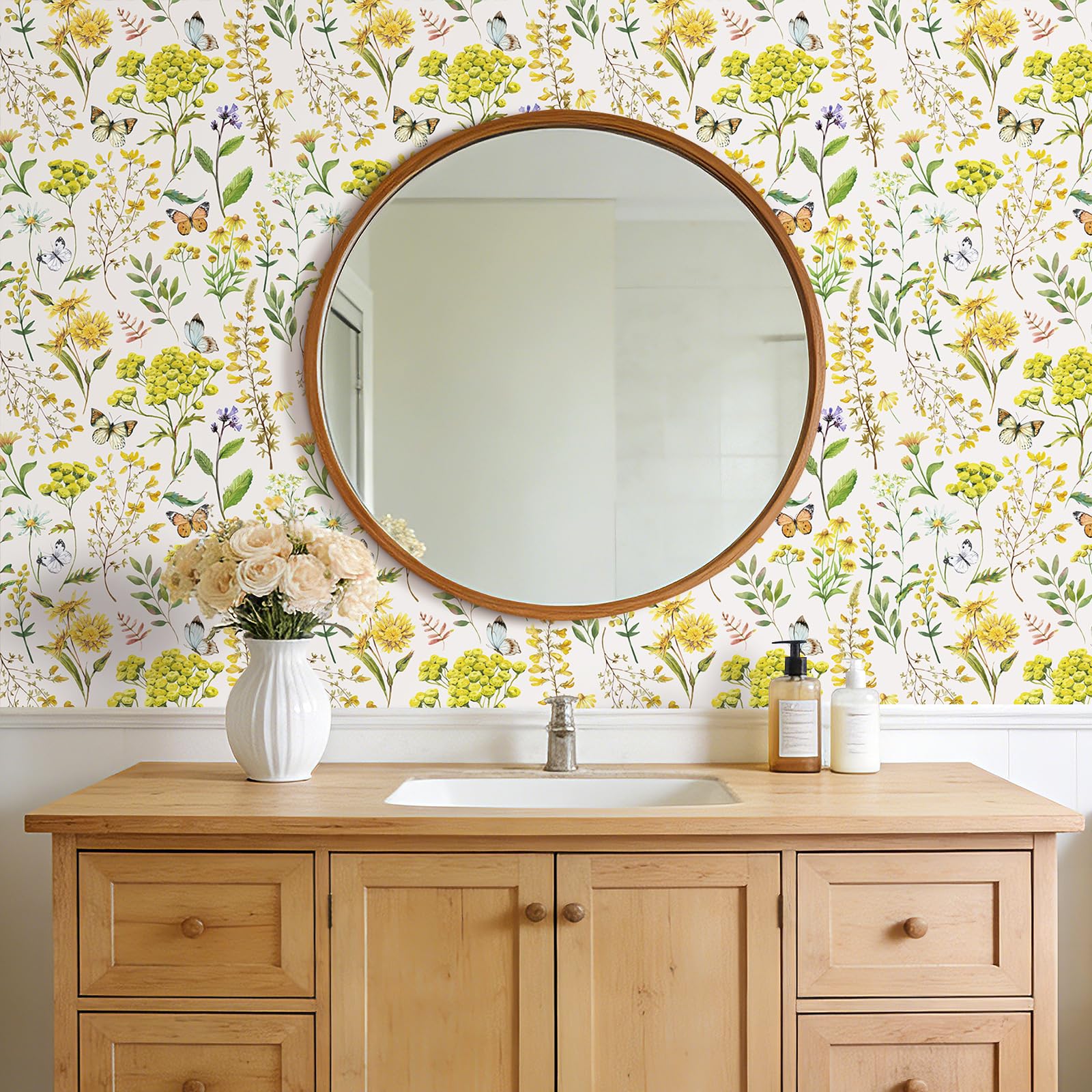 Decotalk Papier Peint Adhésif Mural Motif Papillon et Fleurs 44.5cmX900cm Vinyle Adhésif Jaune Adhesif Mural Decoratif Salon Chambre Vinyle Adhesif Fleurs Film Autocollant Meuble Armoire Mur