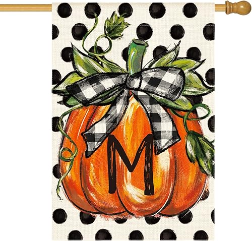 Miniatura 13 de AVOIN colorlife Bandera de jardín con monograma de otoño con letra C, diseño de calabaza, con diseño de lunares, 12 x 18 pulgadas, doble cara