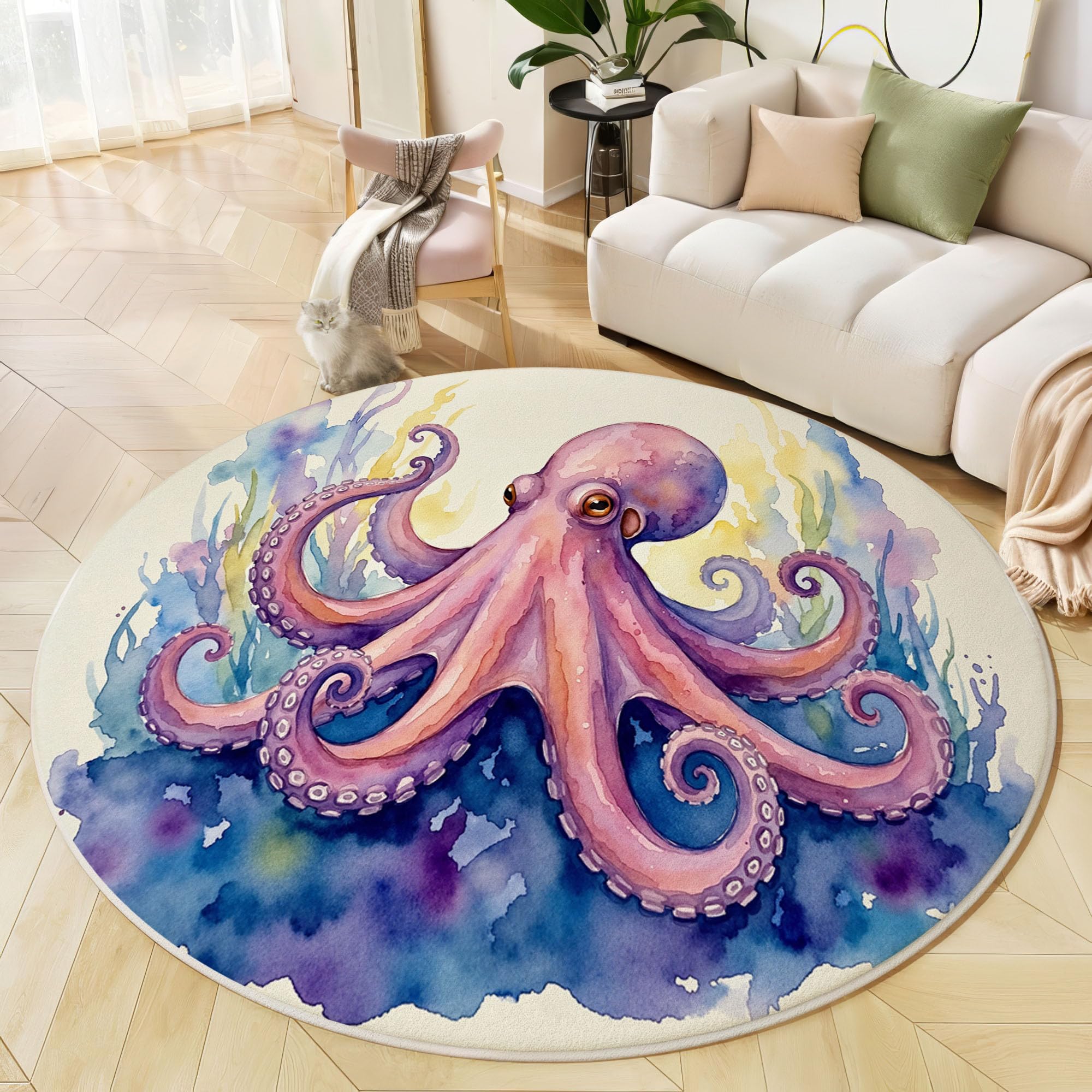 Tapis Rond 160cm Poulpe Algues pour Chambre, Océan Aquarelle Animal Rond Tapis Antidérapant Lavable en Machine Cuisine Salon Adulte Interieur Bureau Cuisine Decoration