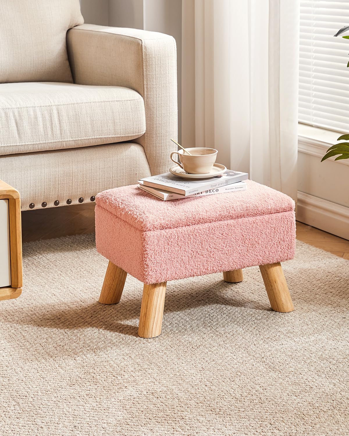 YMYNY Ottomane mit Stauraum, Fußhocker, Kleiner Fußhocker mit Stabilen Holzbeinen Hocker, Fußstütze mit Gepolstertem Sitz, für Wohnzimmer Schlafzimmer Eingänge 40 ×30 ×28CM Rosa HBD042P