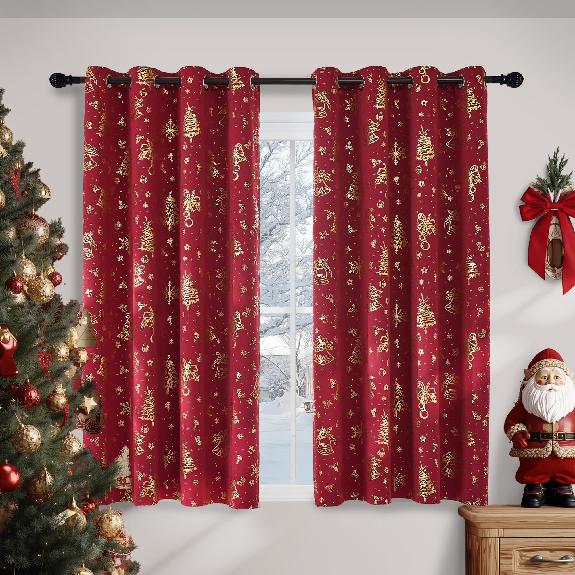 PONY DANCE Red Christmas Curtains Gold Foil Eyelet 52x54 Inch, 2 Panels — image 1