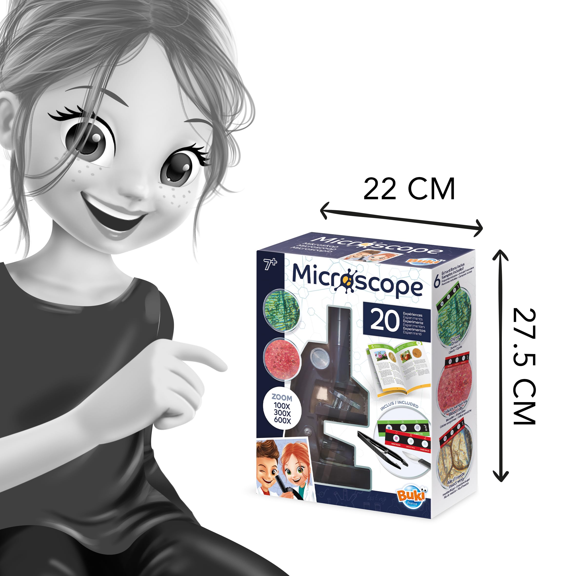 BUKI France – Microscope Enfant 100x 300x 600x – 20 Expériences Scientifiques – Lames prêtes à Observer – Kit Complet dès 7 Ans - MR450