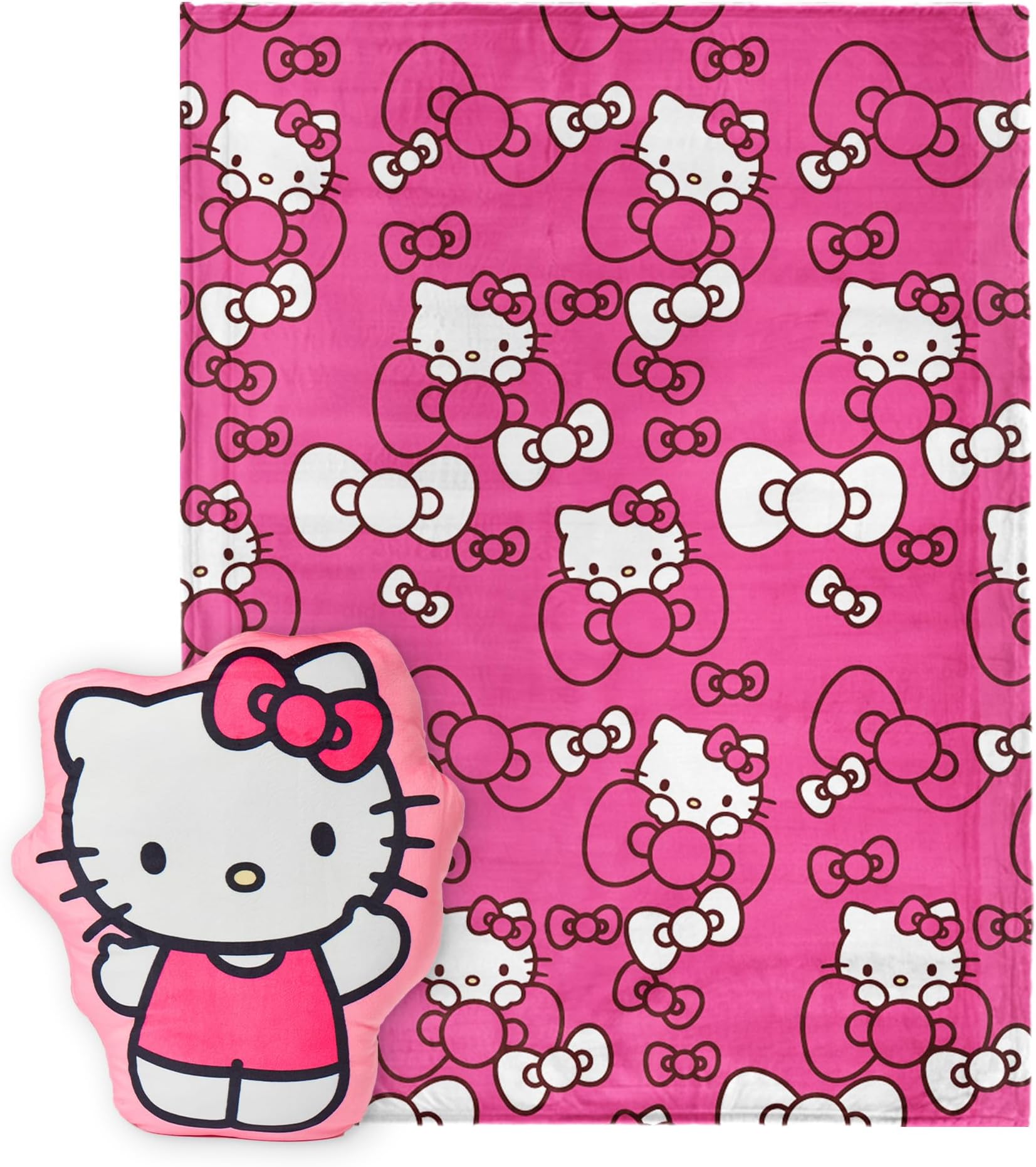 Hello Kitty Pink Bow Pretty Cloud Pal and Throw Blanket Set – Soft 50x70 Inch Fleece Throw with 21 Inch Character Shaped Pillow – Cozy 2-Piece Gift Set for Bedroom or Travel