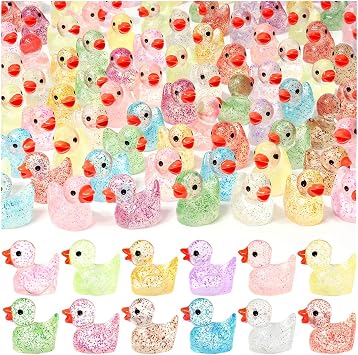 100 PCS Mini Glitter Ducks, Tiny Resin Ducks Plastic Animal Figures for Dollhouse, Garden, Micro Landscape, Home Outdoor Party, Aquarium Decor