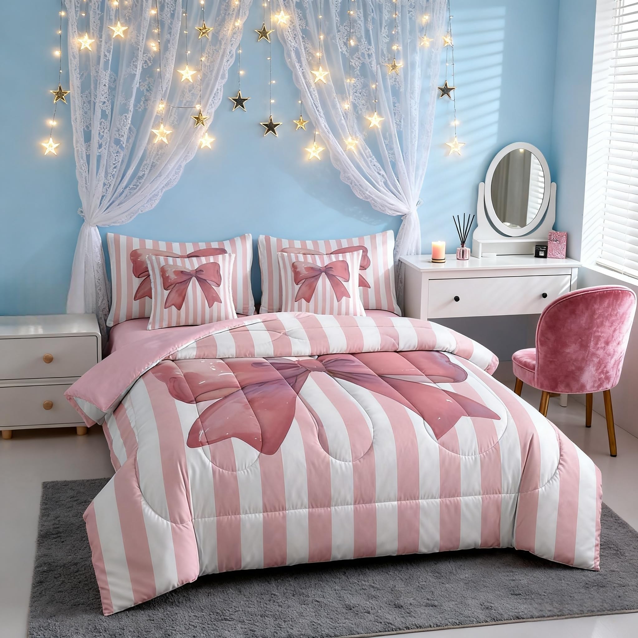 Bettwäsche-Set mit rosa Schleife, 7-teilig, für Queen-Size-Betten, verträumte Aquarell-Fliege, Kawaii-Bett in einer Tasche für Teenager, Cartoon-Prinzessinnen-Stil, geometrische rosa Streifen