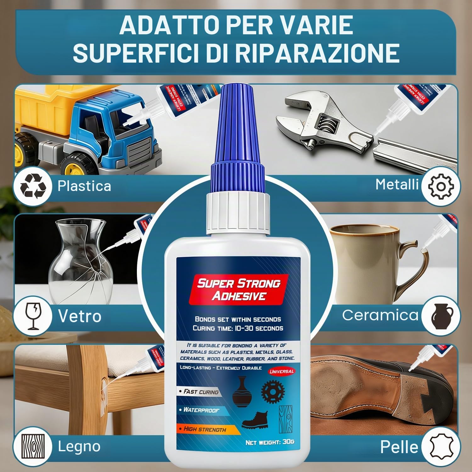 Colla Super - Professionale Super Glue con Testa Antiessiccazione, Trasparente Extra Forte Colla per Plastica, Metallo, Legno, Vetro, 30g