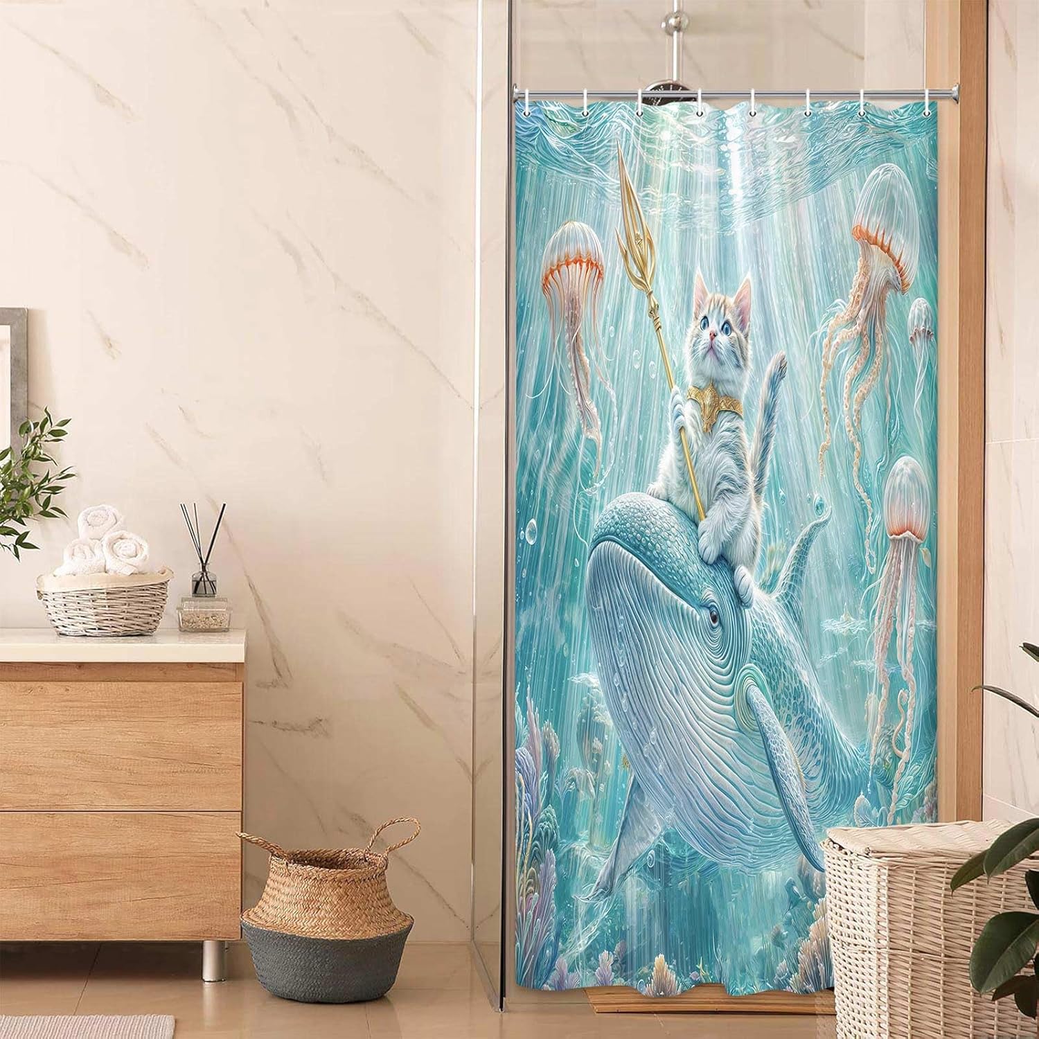 Funny Cat Shower Curtain for Kids, Teal Blue Kitten Riding Shark Underwater Shower Curtains, Ocean Nautical Jellyfish Coastal Starfish Coral Marine Creature Sea Animal Fabric Bath Curtain with Hooks