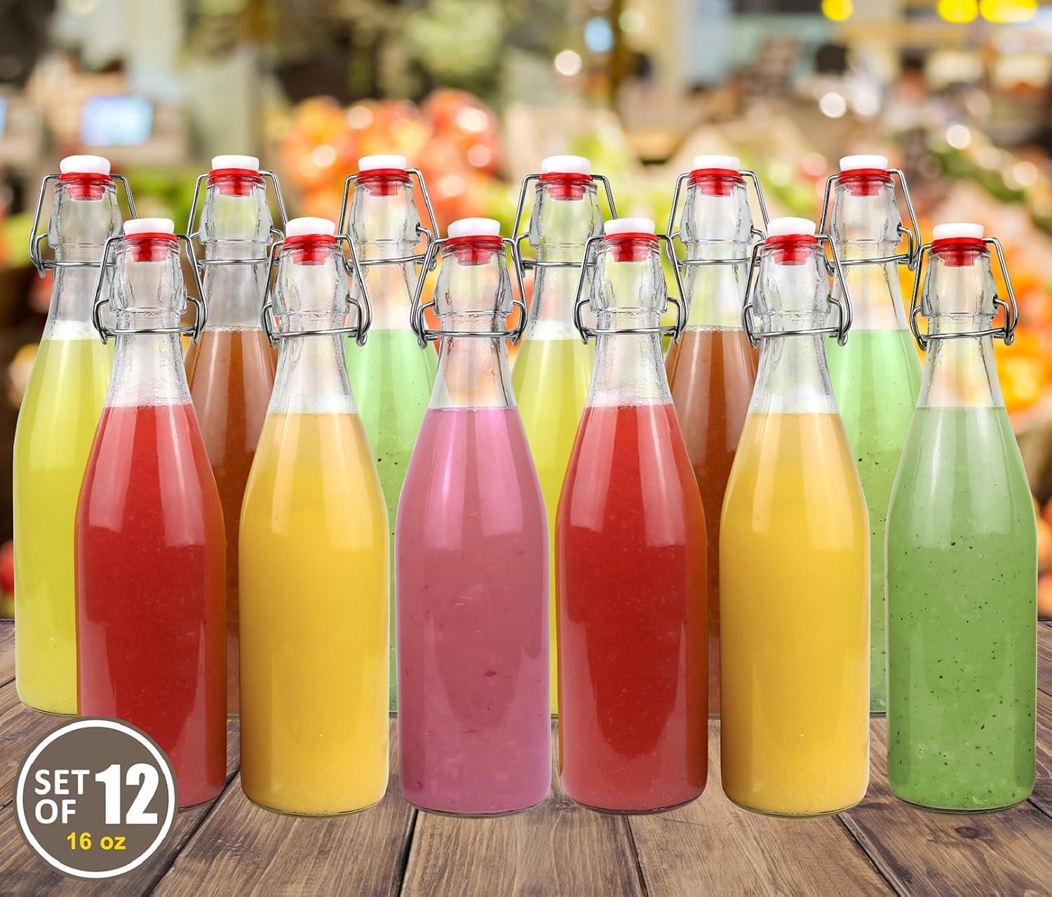 Estilo Swing Top Easy Cap Clear Glass Bottles, Round, 16 oz, Set of 12. Flip Top Glass Bottles to Store Home Brews, Oils, Vinaigrettes, Wines, Beer, Teas