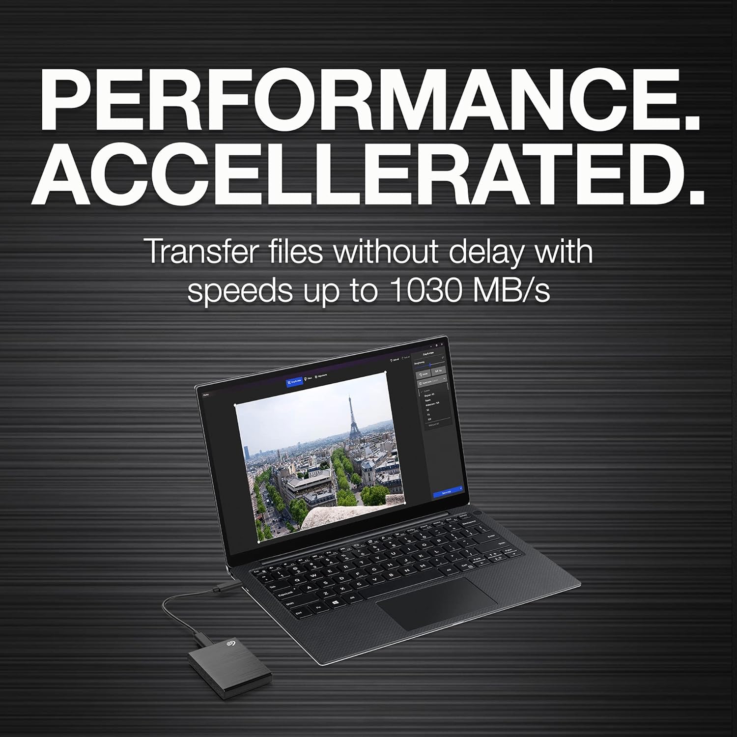 Seagate One Touch SSD with text 'Performance. Accelerated. Transfer files without delay with speeds up to 1030 MB/s'