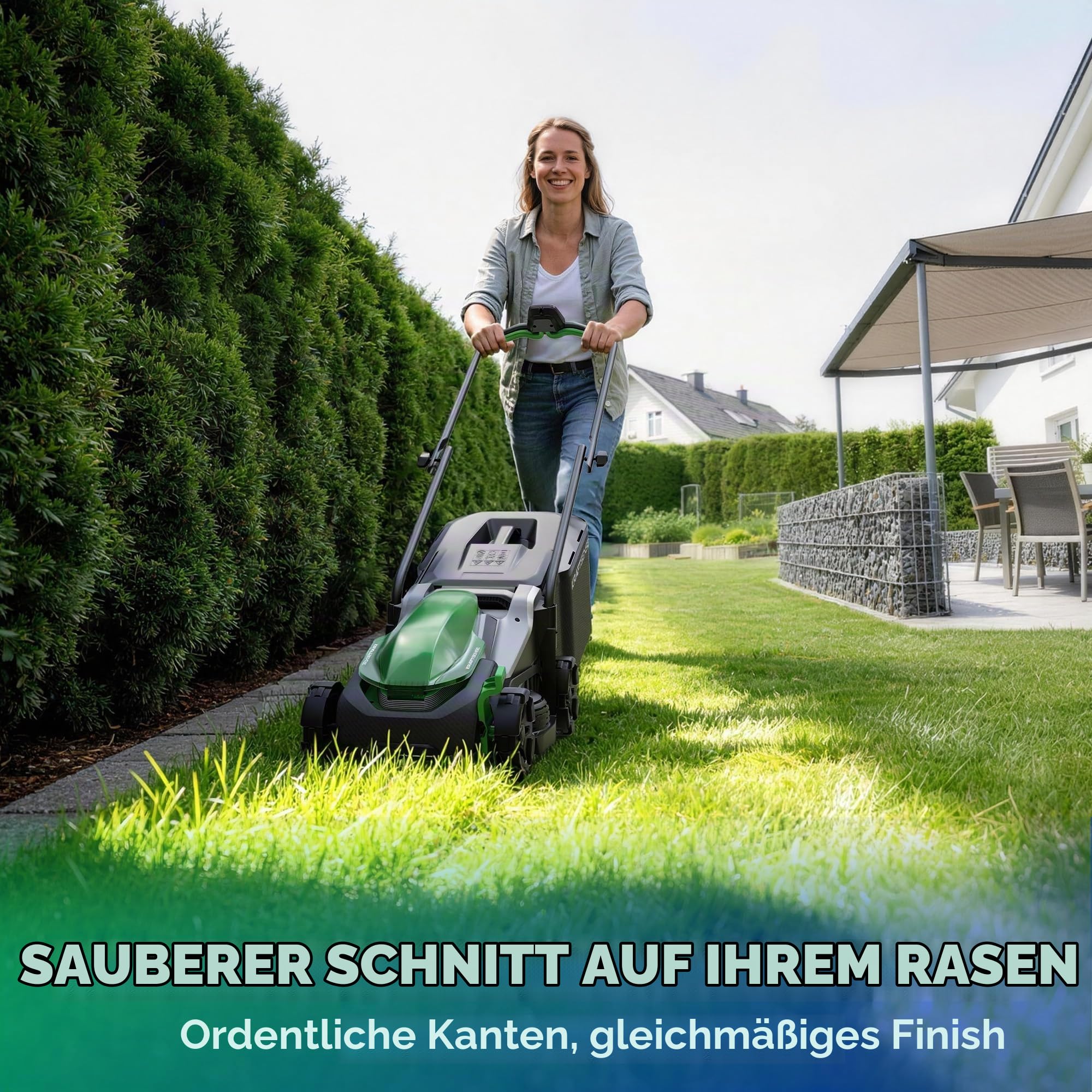 Akku-Rasenmäher für kleine Gärten, 33 cm Arbeitsbreite, bürstenloser Antrieb, 2-in-1 Mulchen & Fangen, mit 5,0 Ah Akkus für bis zu 300 m² pro Ladung, inkl. Typ-C-Ladekabel