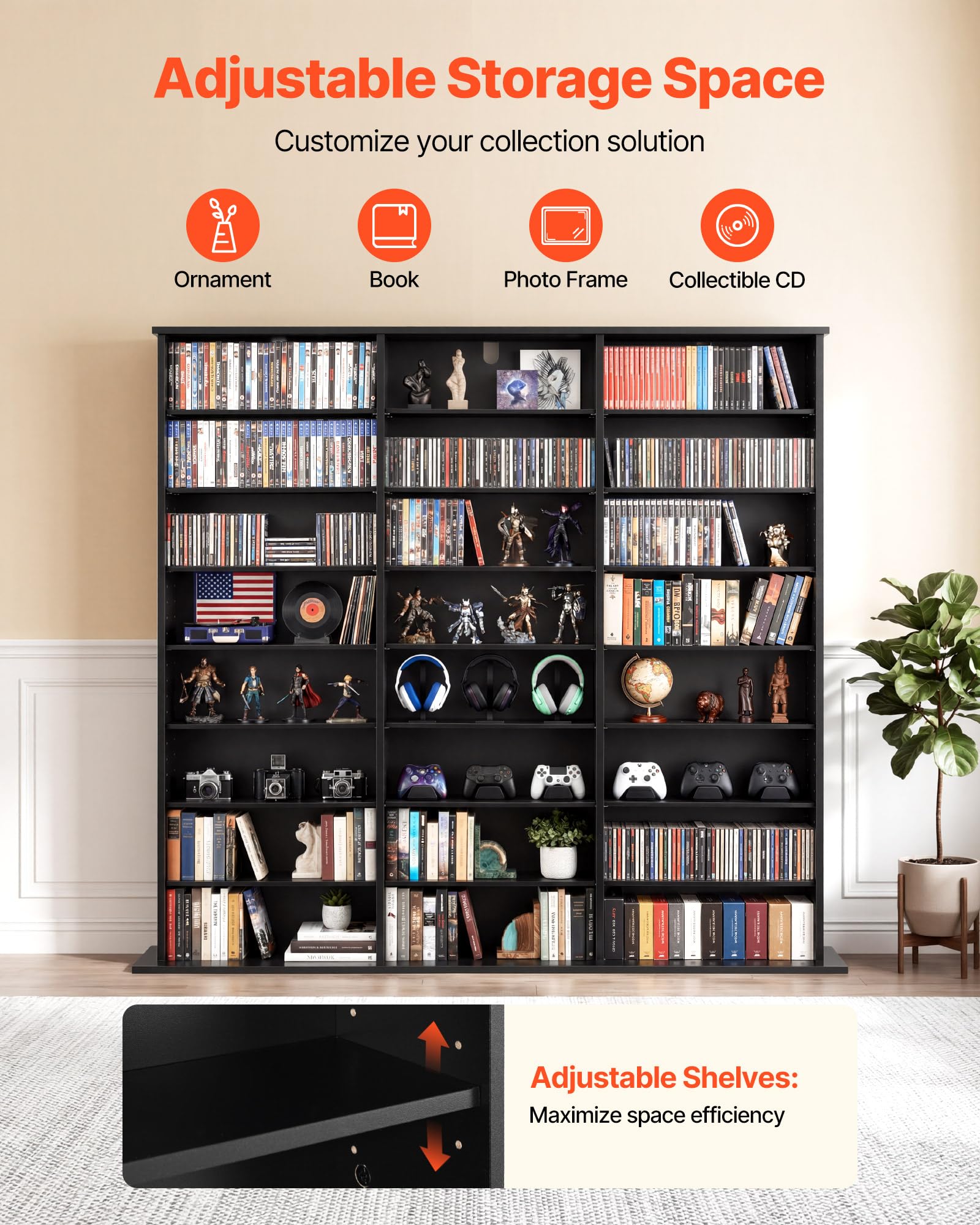 VEVOR Media Storage Cabinet, 8-Tier DVD Shelf Organizer, 55.91 x 8.66 x 51.18 in Multimedia Storage Organizer for CDs, DVDs, Books & Games, CD Shelf for Living Room, Home Office, Recording Room, Black - 4