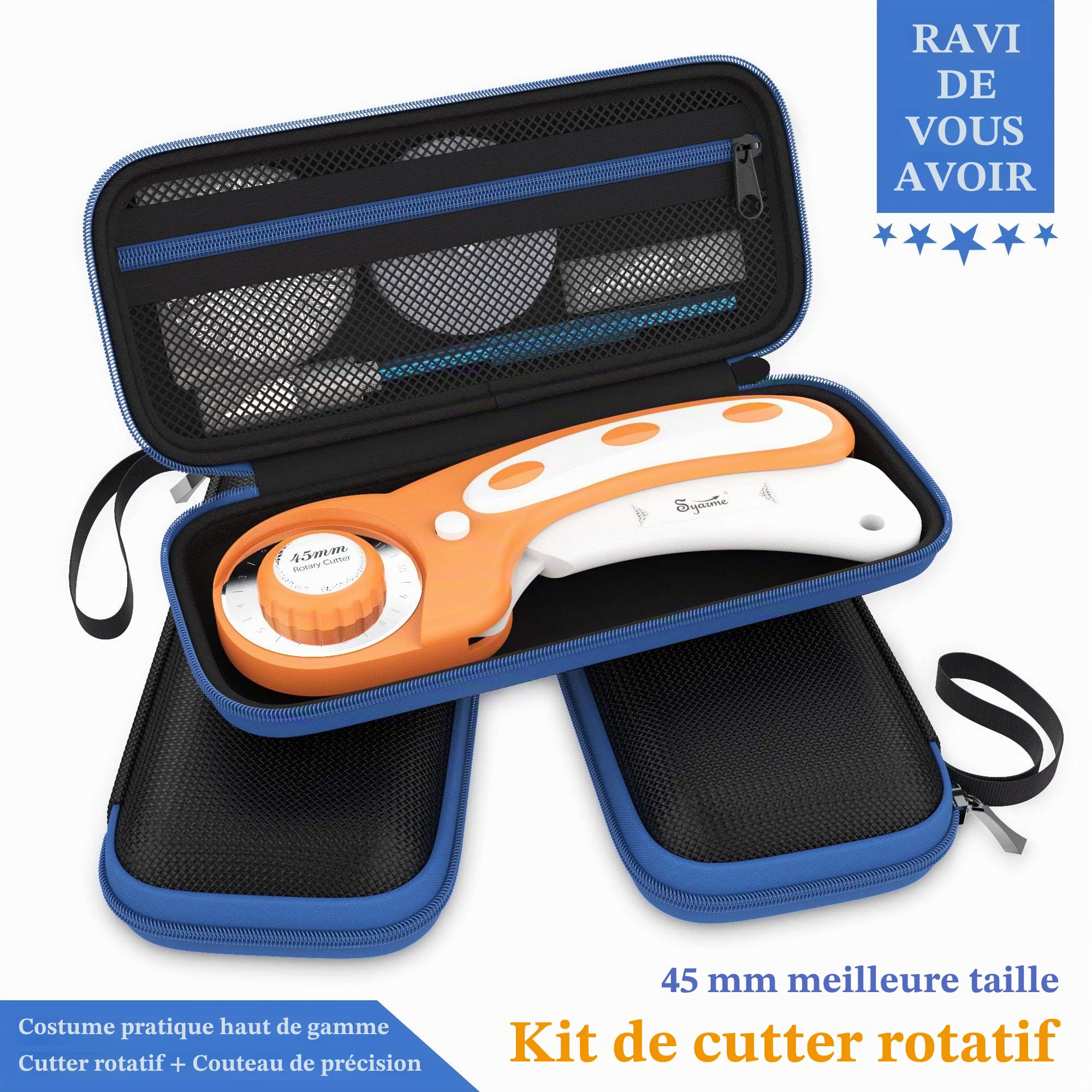 Cutter Rotatif Couture, 45 mm Cuter Rotatif Couture, Permettant une Découpe Précise de Tissus, Cuir, Papier, Fibres, etc., y Compris la Boîte de Stockage et 6 Cutter Rotatif Tissu Lames de Rechange