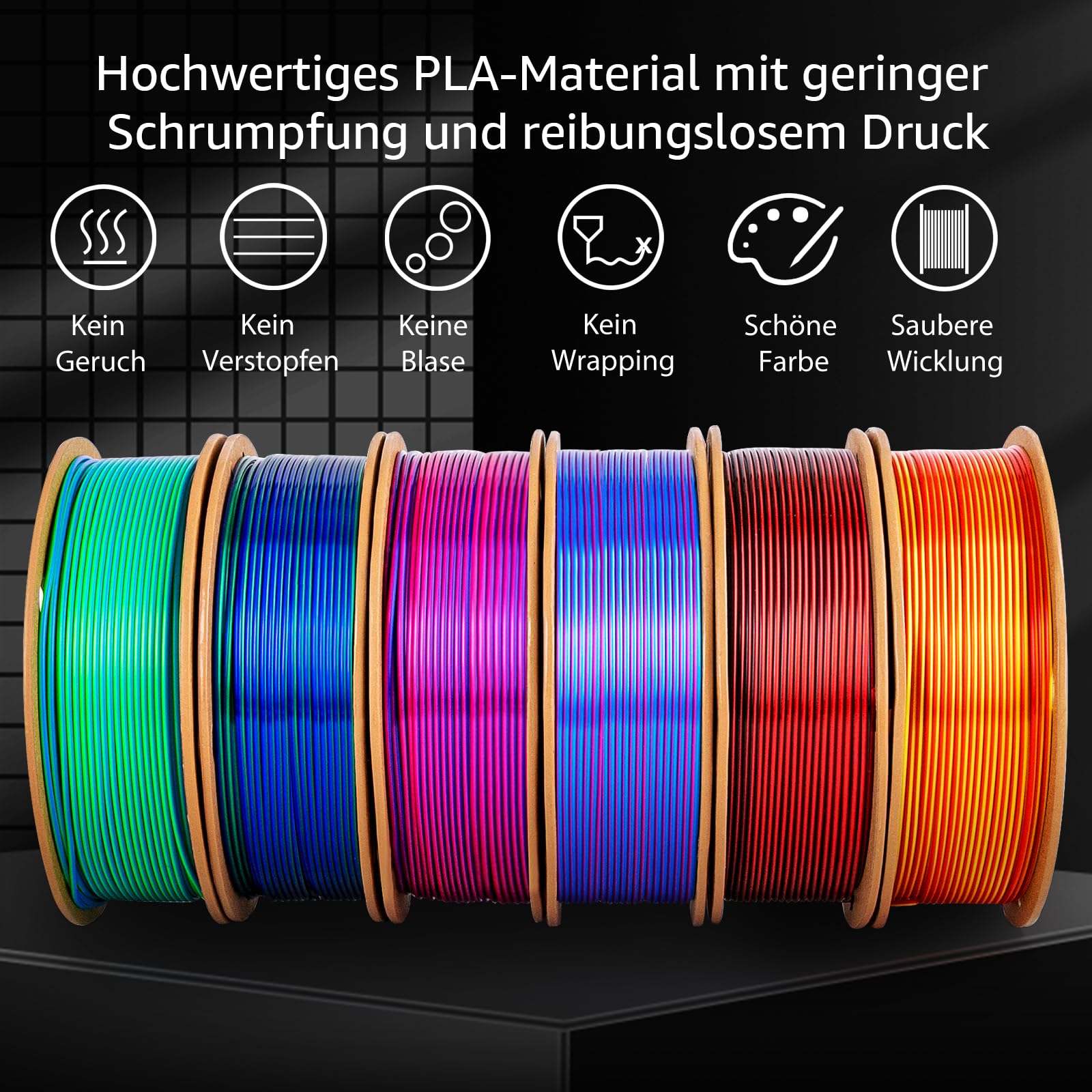 Silk PLA+ Filamento de impresión 3D bicolor paquete de 6 unidades - 1,75 mm, 250 g x 6 bobinas, color dorado y rojo, rojo rosado y azul cielo, rosa rojo y azul oscuro, azul oscuro y verde, azul