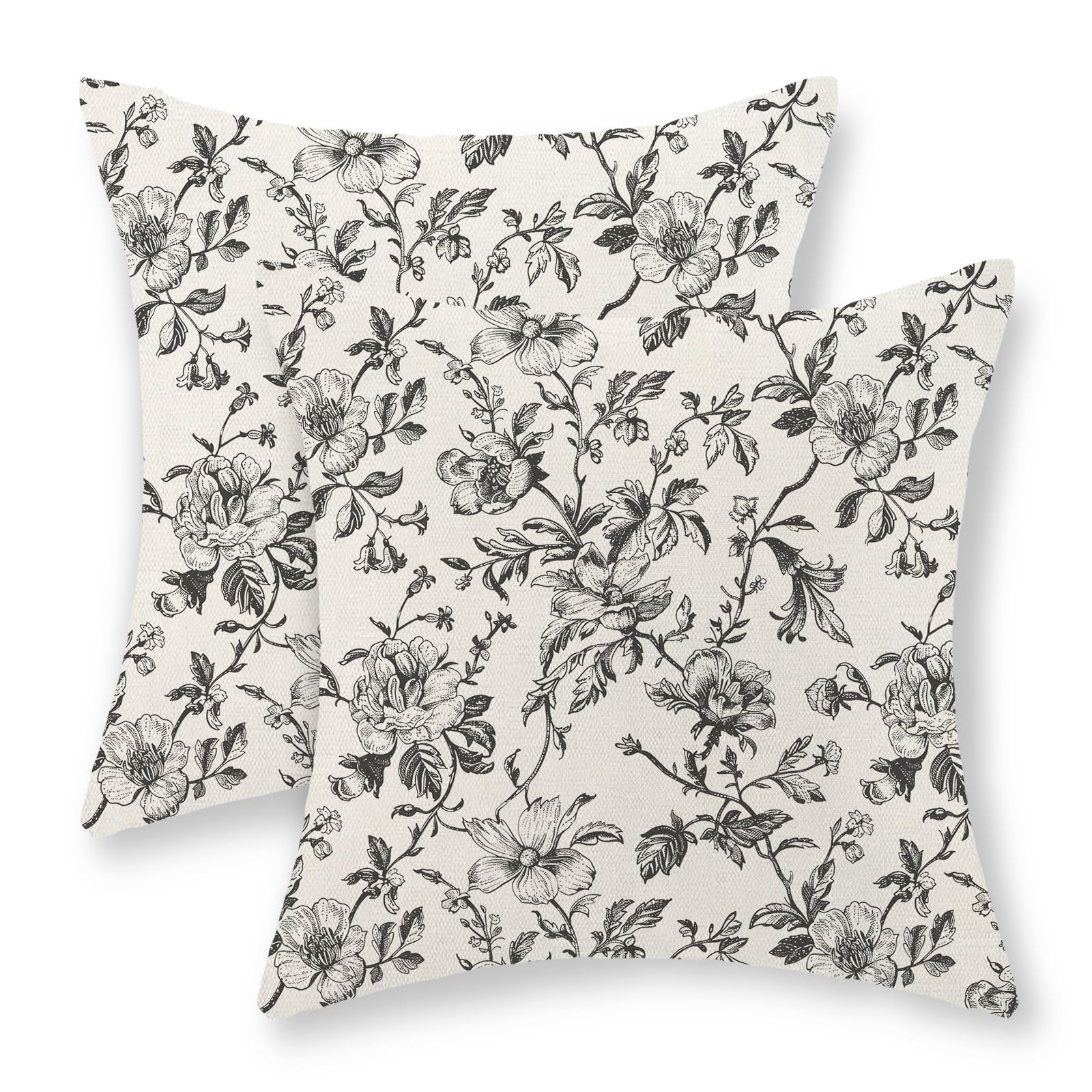 JEFERSO Chinoiserie Floral Pillow Covers 16x16 Set of 2 Black and Cream Floral Decorative Throw Pillow Covers Vintage Rustic Toile Flower Pillowcase Outdoor Decor Linen Cushion Case for Couch Sofa