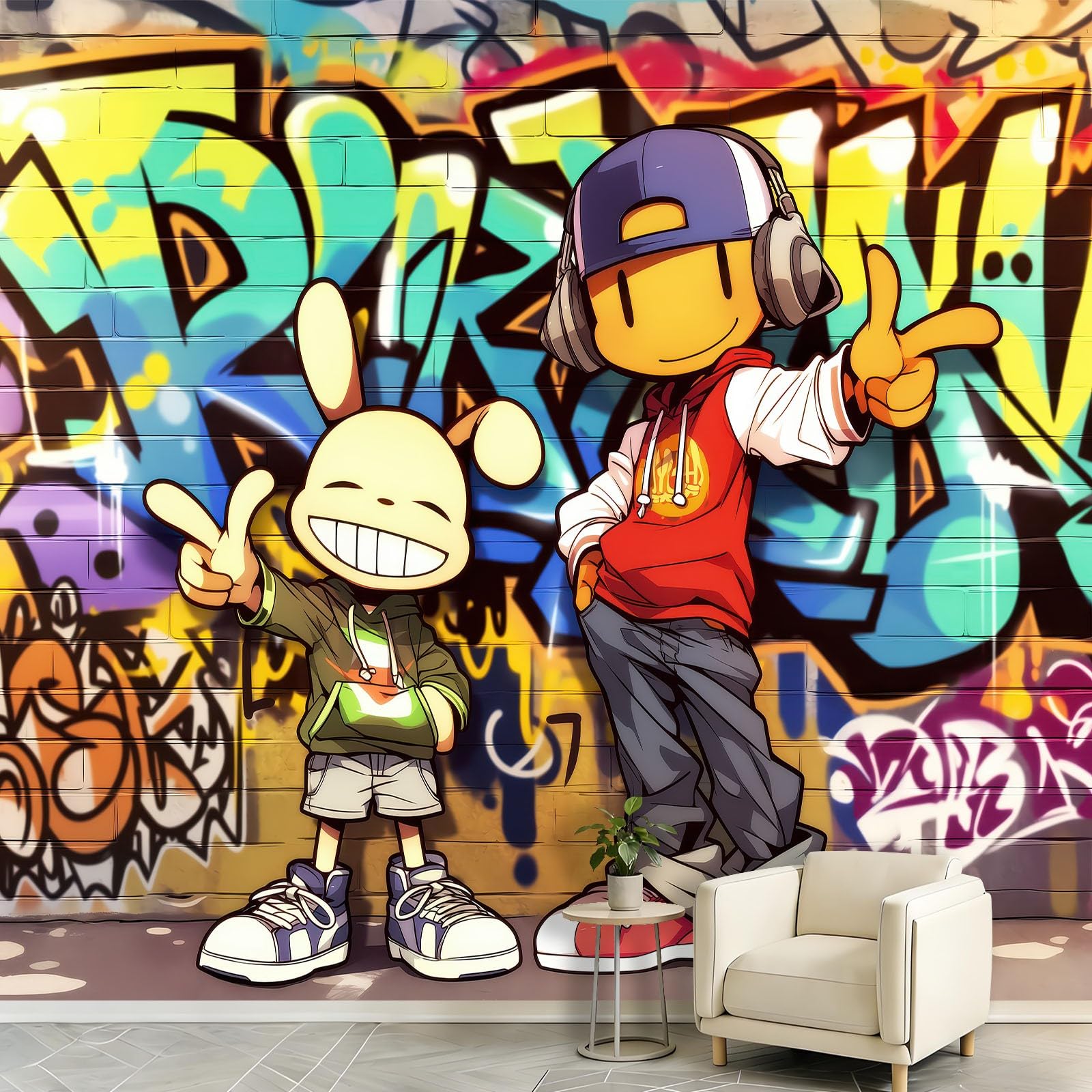 Générique Panoramiczna tapeta uliczna sztuka amerykańska kreskówka graffiti 350 x 256 cm ogromny plakat ścienny niestandardowy do salonu, sypialni, pokoju dziecięcego - Hip-hop lalki litery ściana