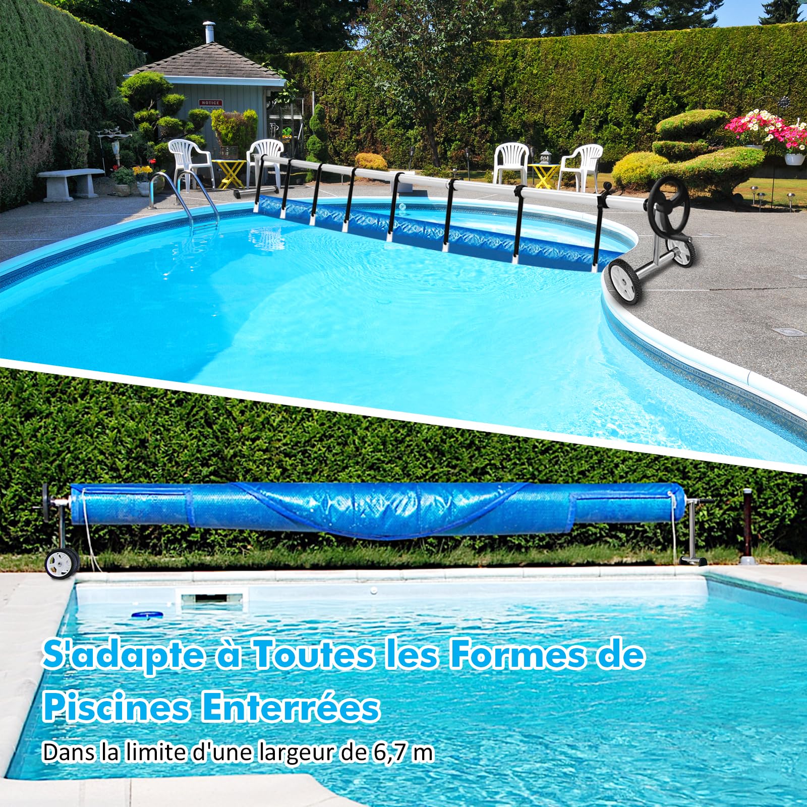 RELAX4LIFE - Carrete de lona extensible ajustable de 1,65 a 7 m para lonas y películas solares, enrollador de piscina de aluminio móvil con 8 correas de fijación