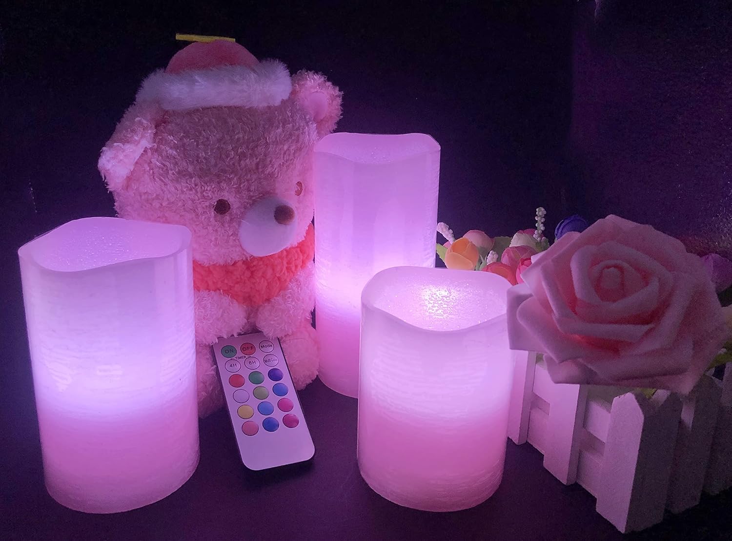 Adoria Pink Flameless LED Candles Set of 3-Real Wax Pillar Candles with Rose Scented Remote and Timer, Dia3xH4/5/6 Inch for Wedding,Party,Gift