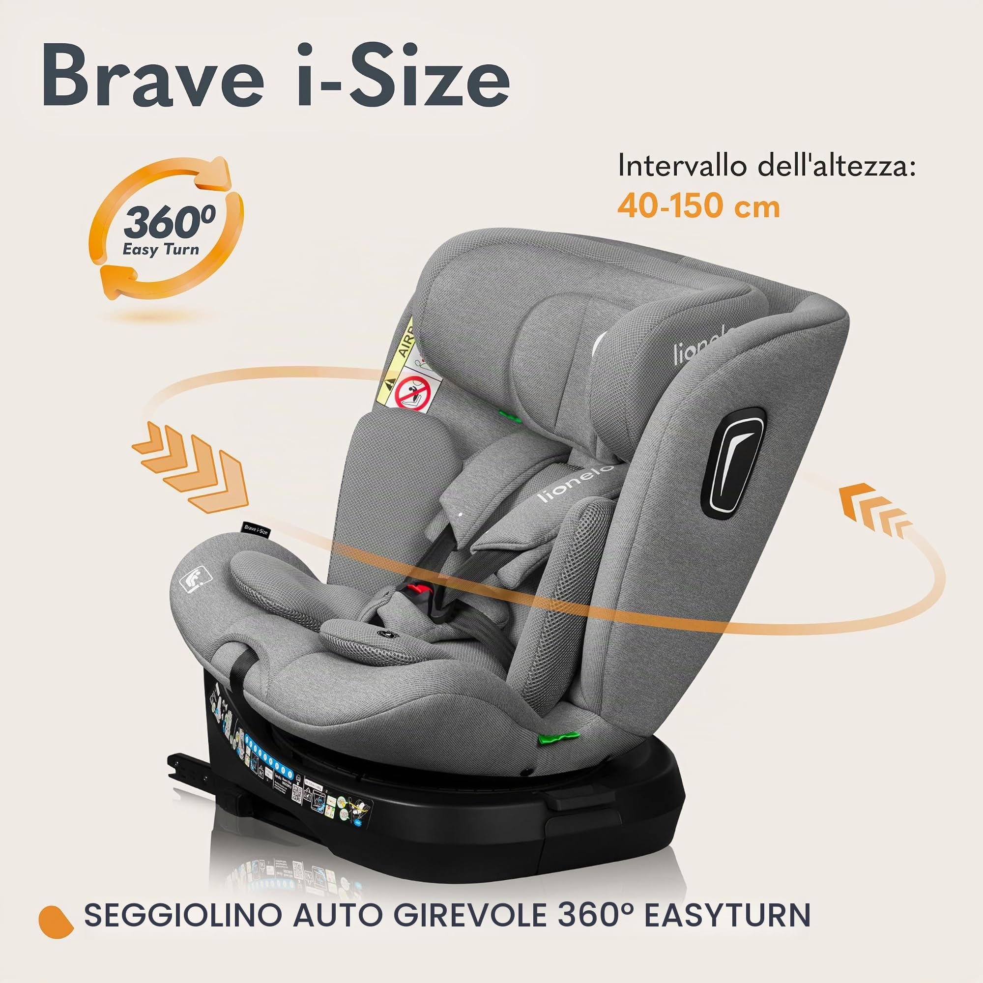 LIONELO BRAVE I-Size Seggiolino Auto per Bambini 40-150cm con ISOFIX Protezione Laterale Girevole 360° Ultima norma R129 Senso marcia e contrario Multi Regolazioni
