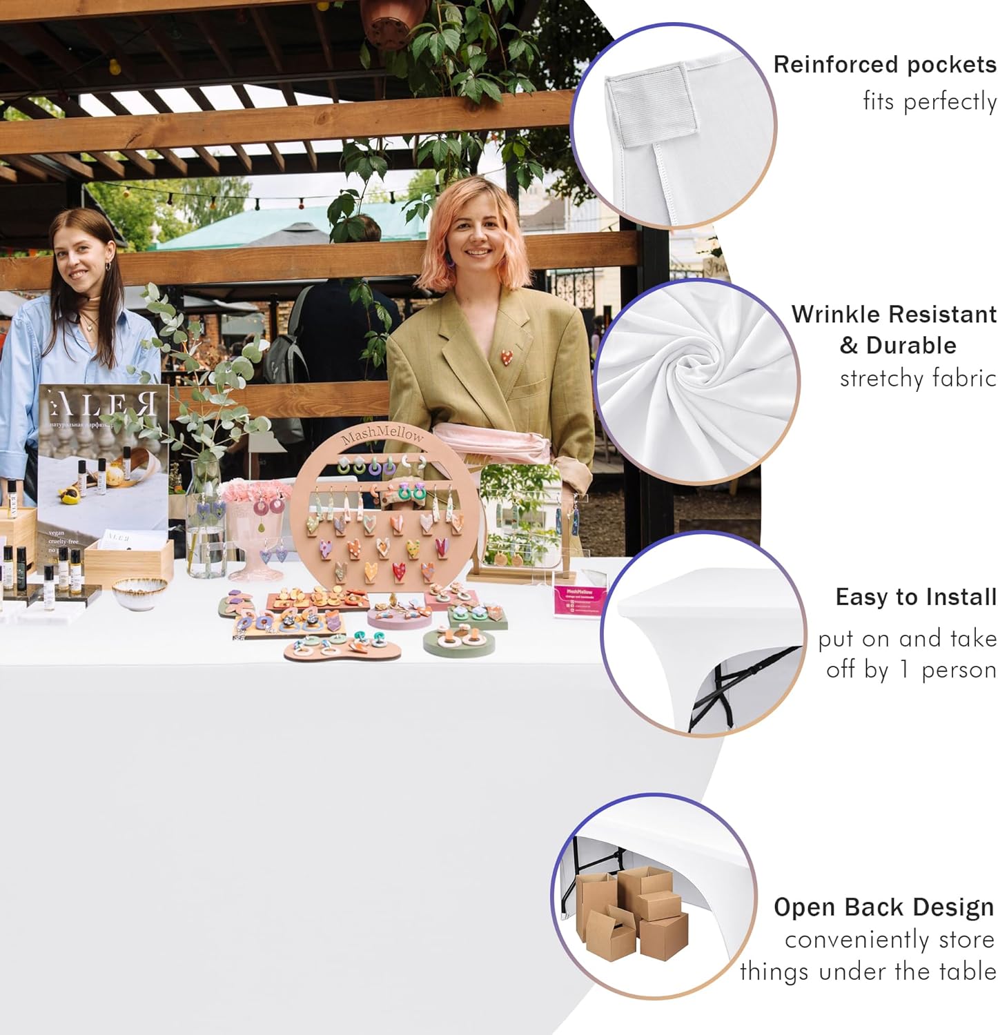 Nasitos 2 Pack White Tablecloth Rectangle for 8 Foot Tables-Open Back Fitted Stretch Spandex Table Covers, Washable Wrinkle-Free Trade Show Table Cover for Parties, Wedding, Banquet, Craft Fair