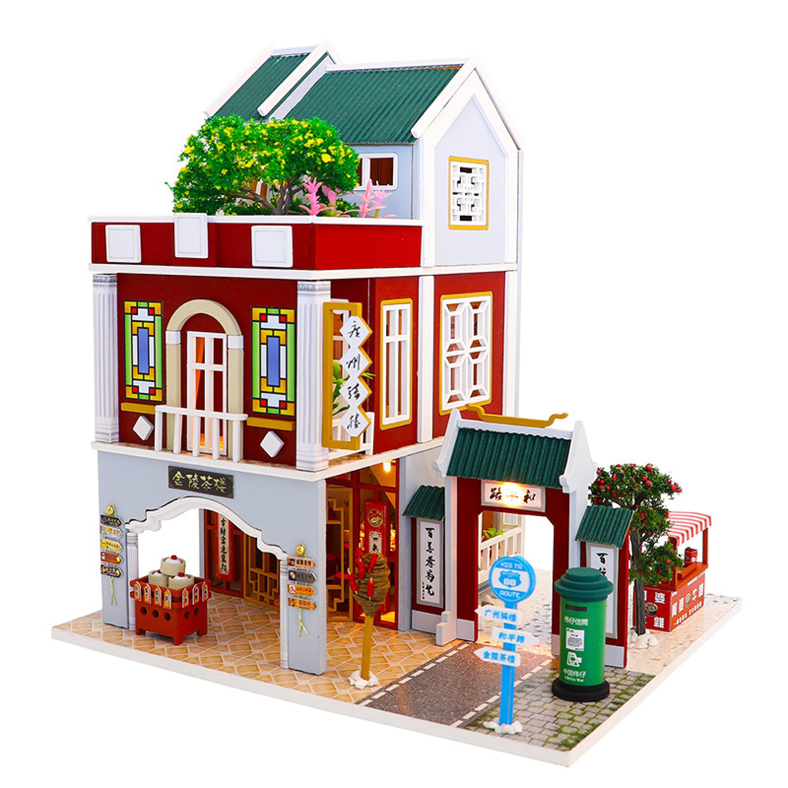 YIHANGGNew Year Doll House DIY Miniature Teahouse Model Toy Furnitures Childred Birthday Gifts - with Dust Proof Cover
