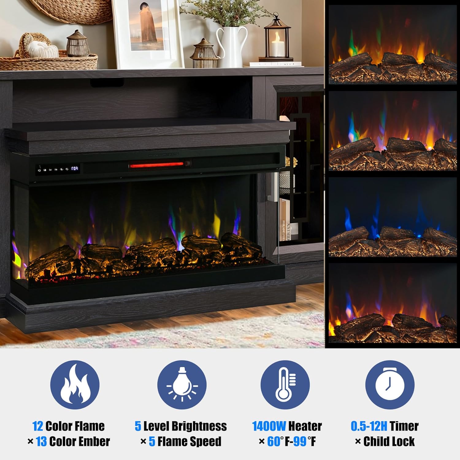 Close-up of the electric fireplace insert showing various flame colors and log ember colors.