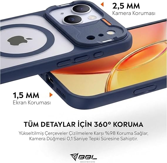 Babilden iPhone 15 İçin Mat Şeffaf MSafe Destekli Premium Koruyucu Kılıf Darbe Emici Silikon Kenarlar Kamera Korumalı Lacivert