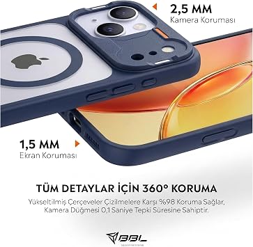 Babilden iPhone 15 İçin Mat Şeffaf MSafe Destekli Premium Koruyucu Kılıf Darbe Emici Silikon Kenarlar Kamera Korumalı Lacivert